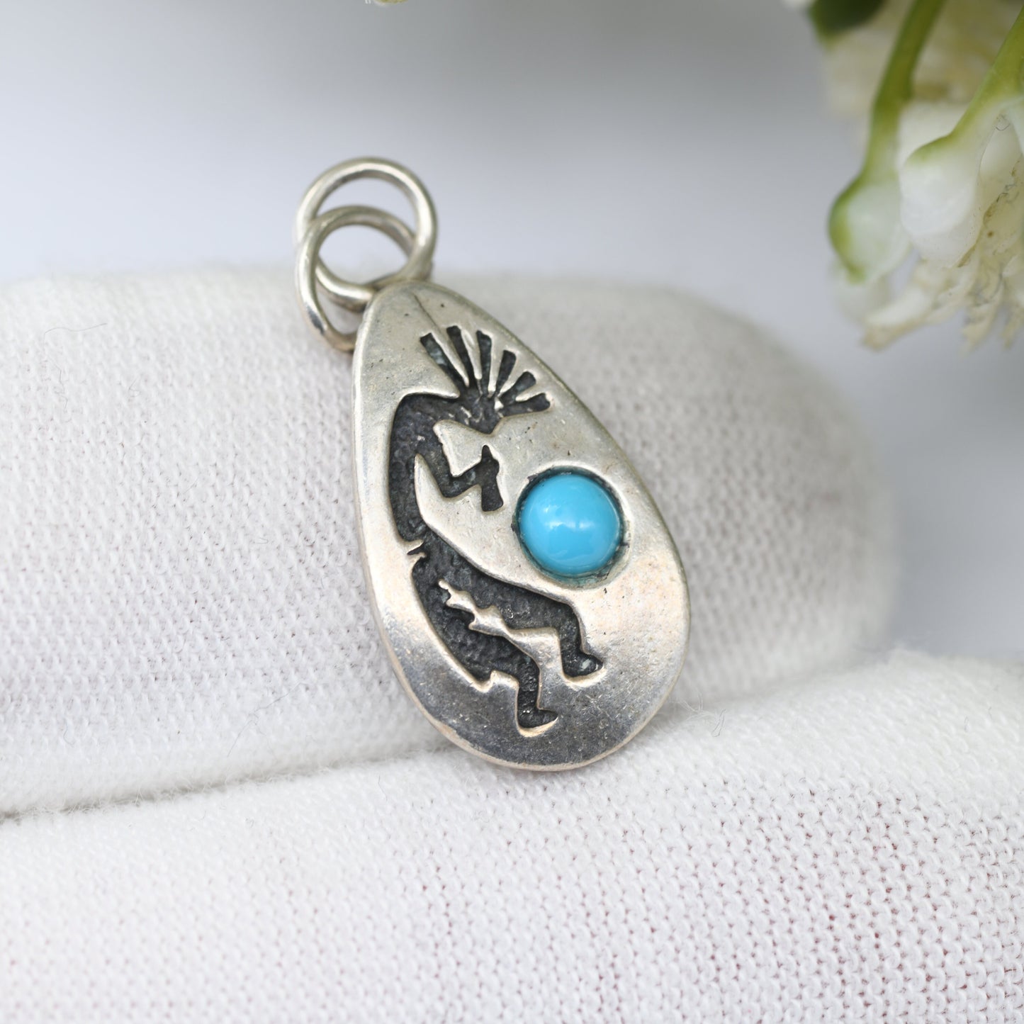 Vintage Navajo Silver Kokopelli Charm Pendant with Turquoise Blue Stone - Fertility Symbol Flute Player