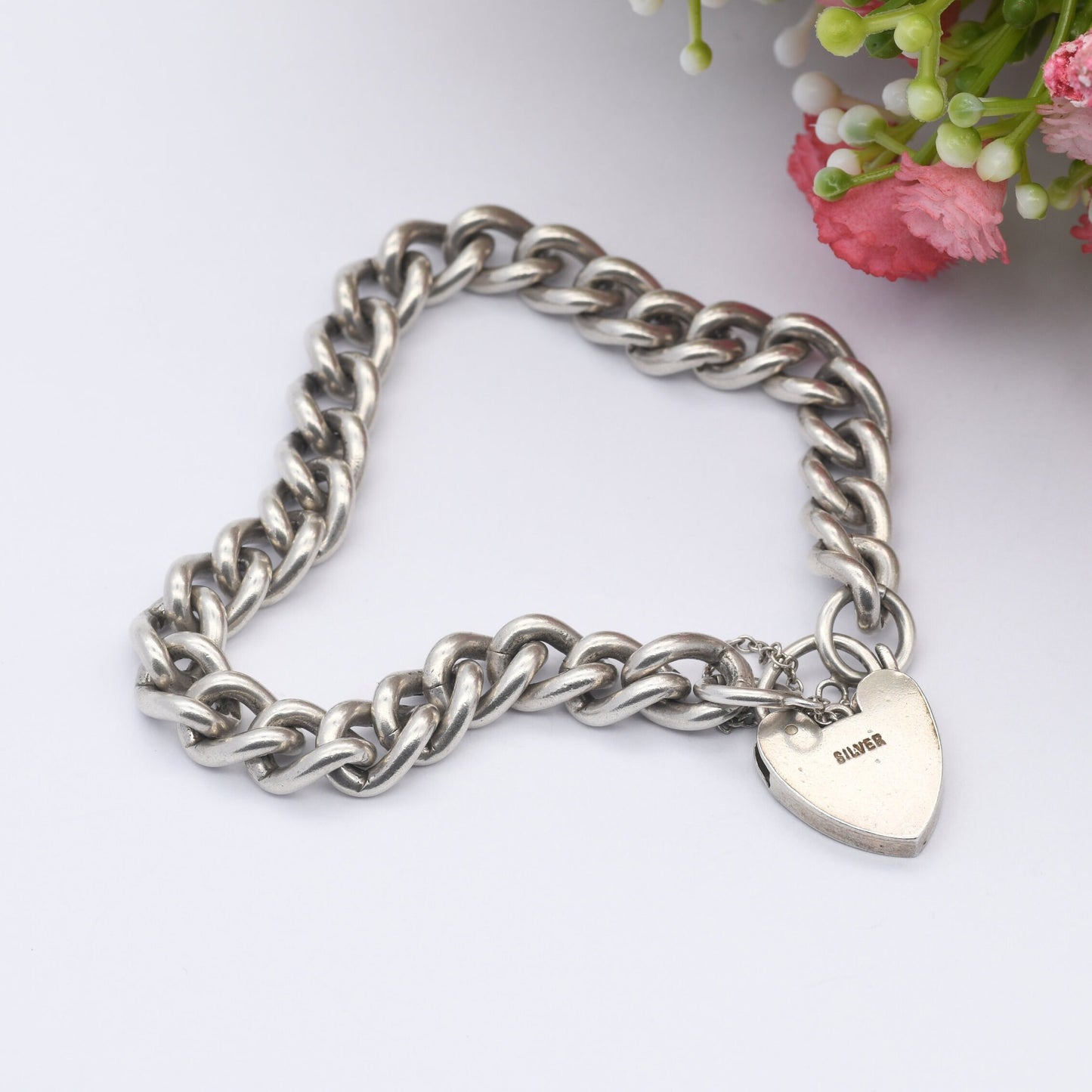 Vintage Sterling Silver Heart Padlock Clasp Chain Bracelet 1963 - Chunky Curb Links with Safety Chain