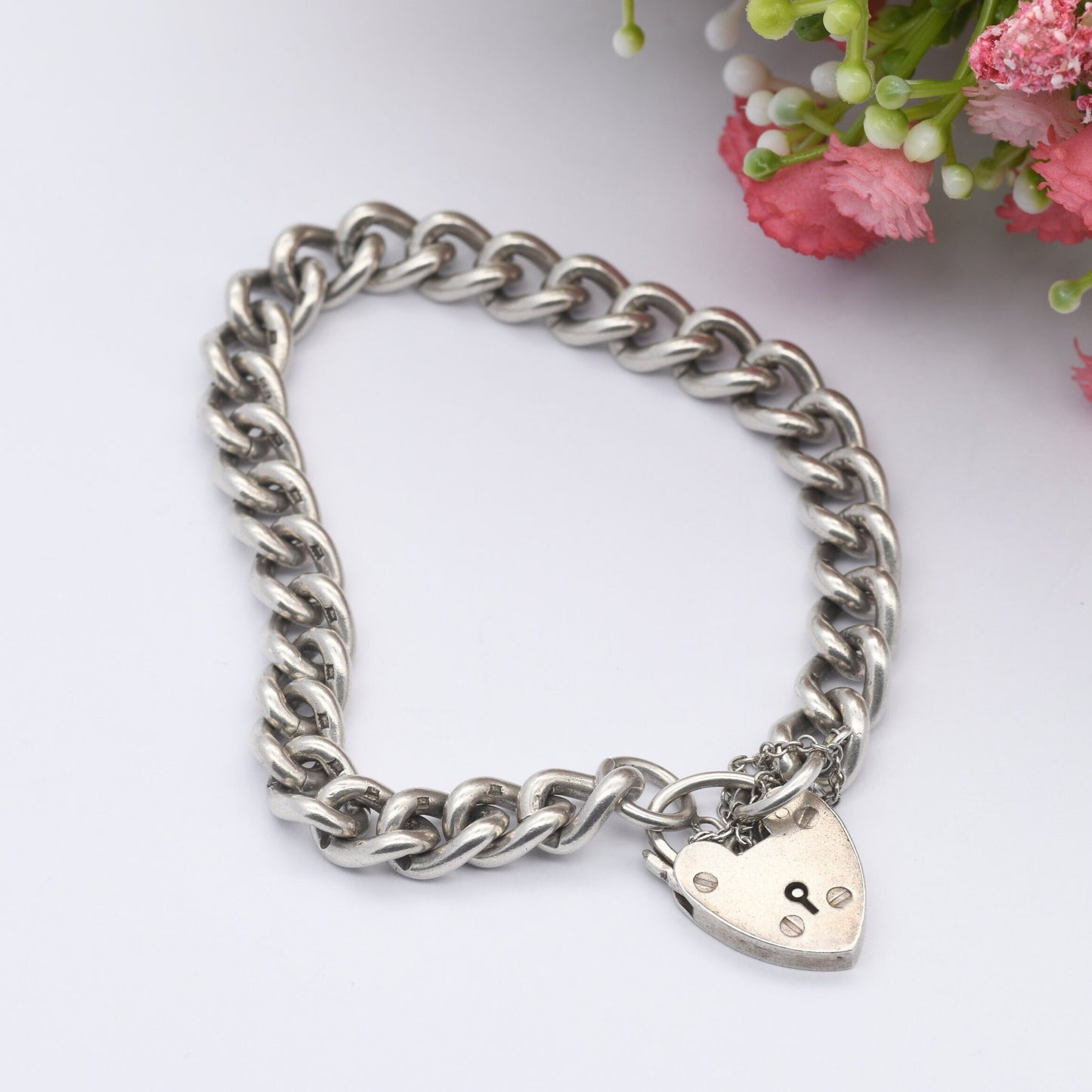 Vintage Sterling Silver Heart Padlock Clasp Chain Bracelet 1963 - Chunky Curb Links with Safety Chain