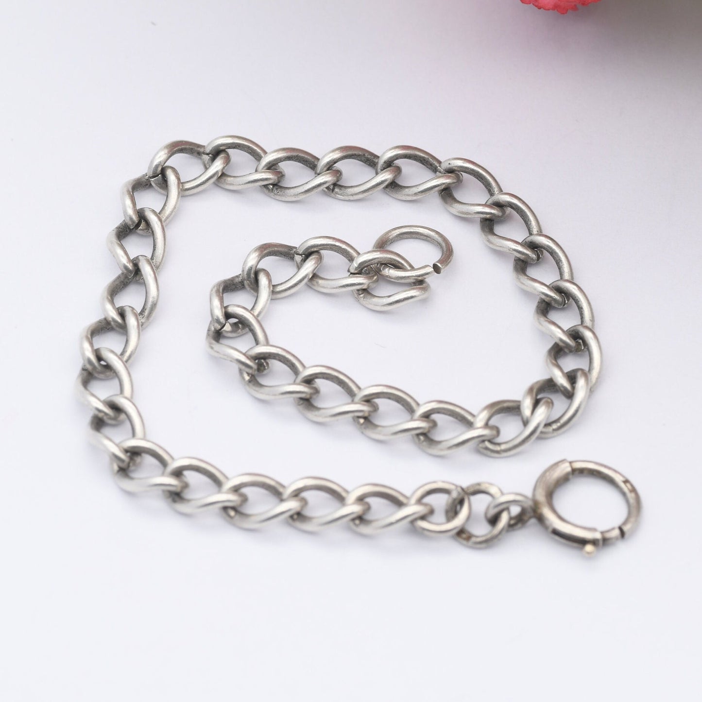 Antique Sterling Silver Chain Bracelet - Rounded Curb Links | Charm Bracelet