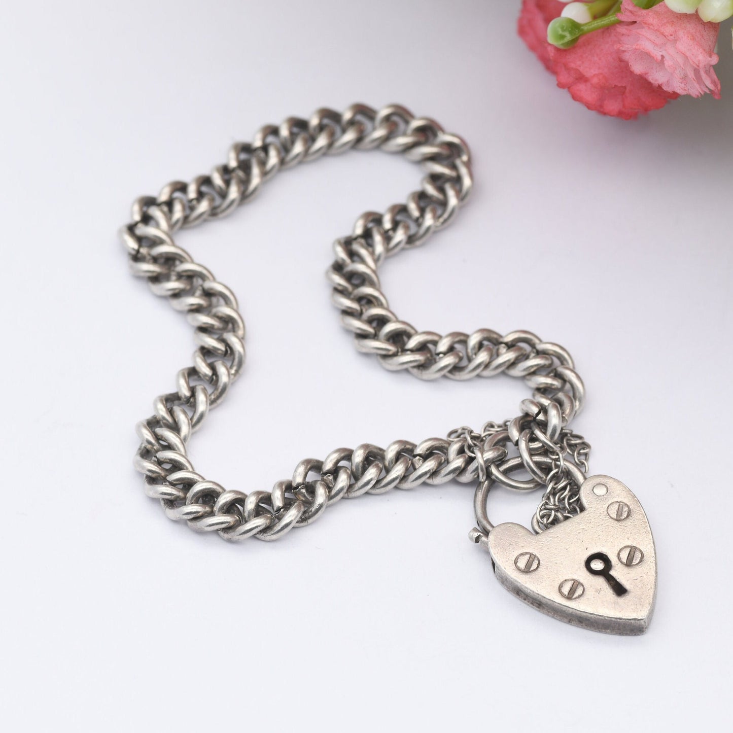 Vintage Sterling Silver Heart Padlock Clasp Chain Bracelet - Chunky Curb Links with Safety Chain