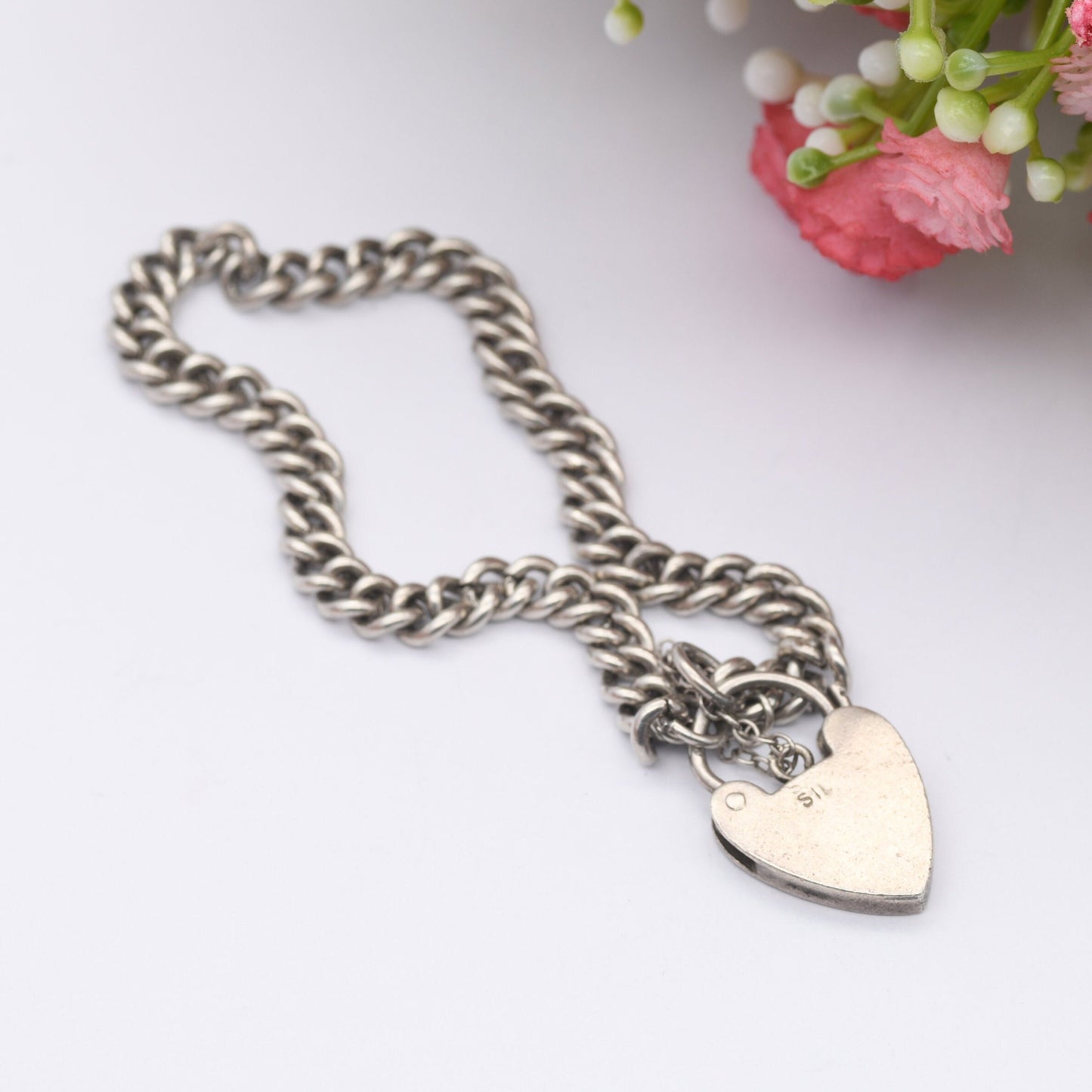 Vintage Sterling Silver Heart Padlock Clasp Chain Bracelet - Chunky Curb Links with Safety Chain