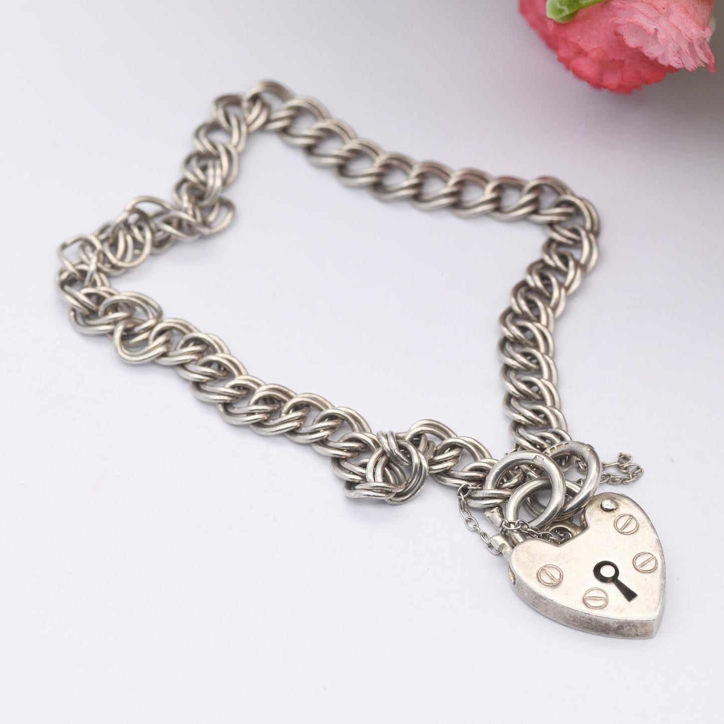 Vintage Sterling Silver Heart Padlock Clasp Chain Bracelet 1980 by Henry Griffith and Sons HG&S - Double Curb Links