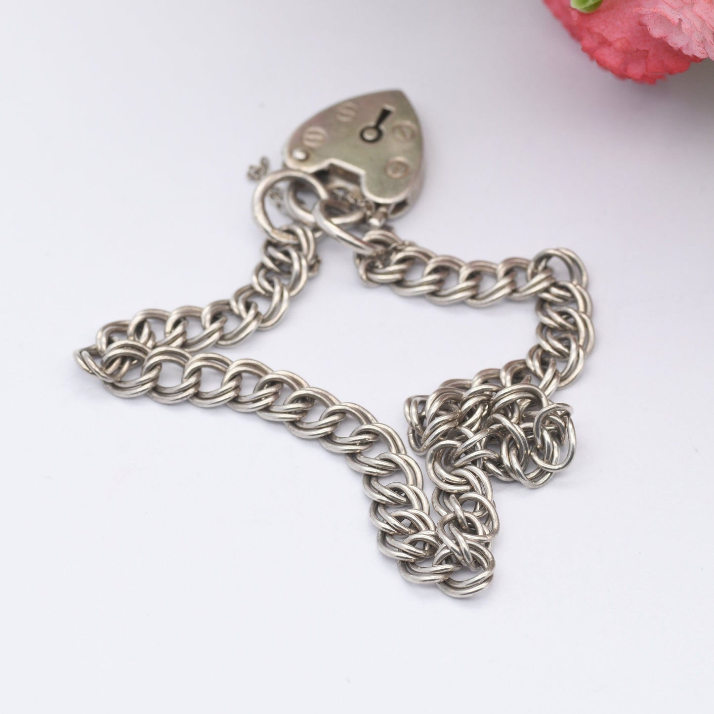 Vintage Sterling Silver Heart Padlock Clasp Chain Bracelet 1980 by Henry Griffith and Sons HG&S - Double Curb Links