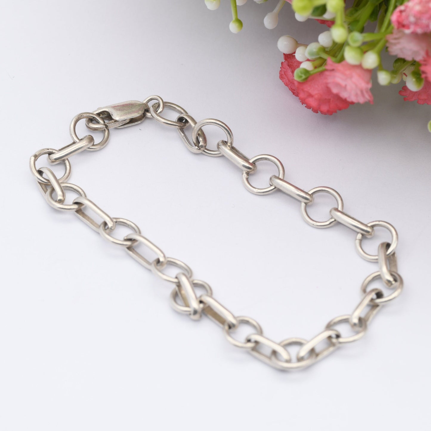 Vintage Sterling Silver Trombone Link Chain Bracelet - Oval Round | Long Length