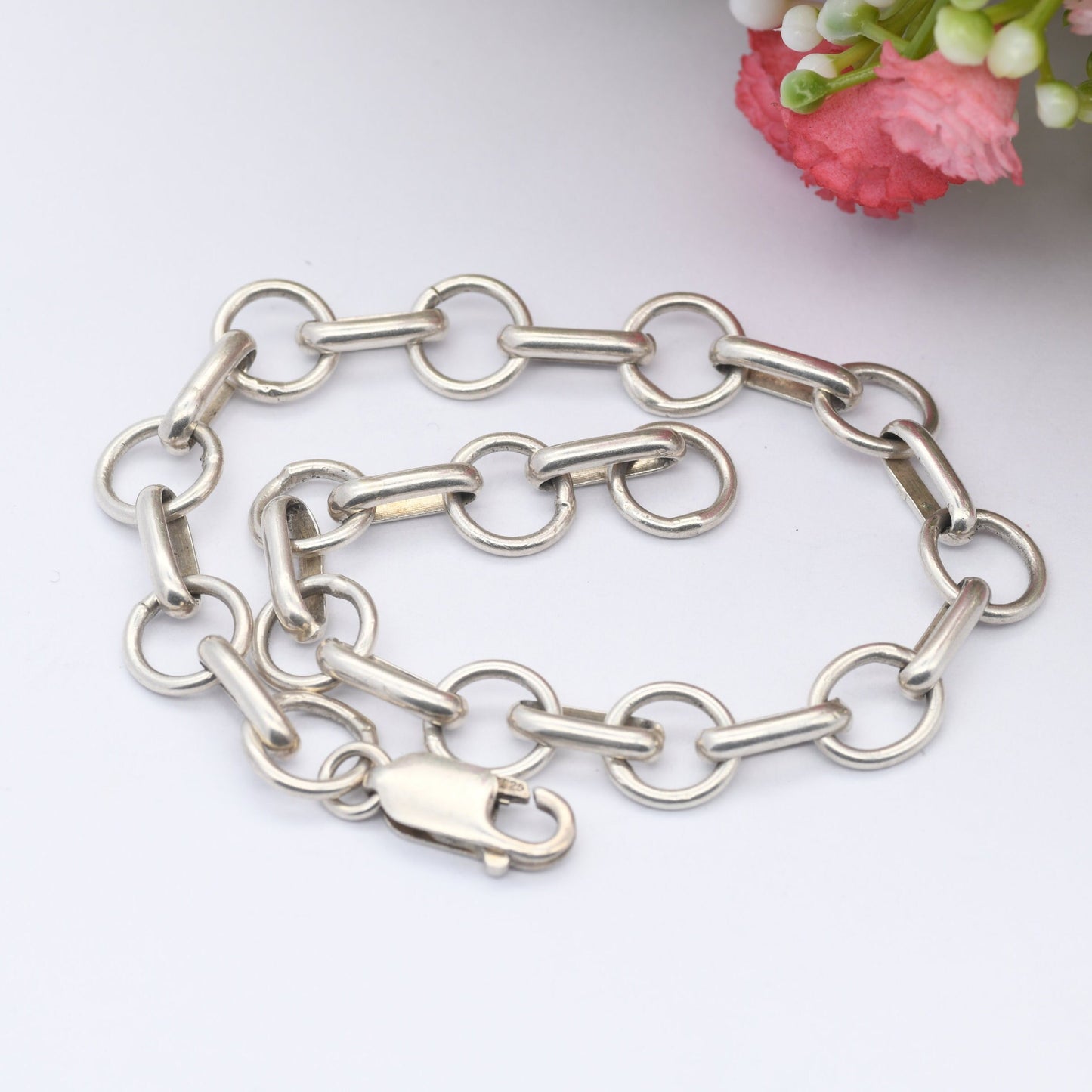 Vintage Sterling Silver Trombone Link Chain Bracelet - Oval Round | Long Length