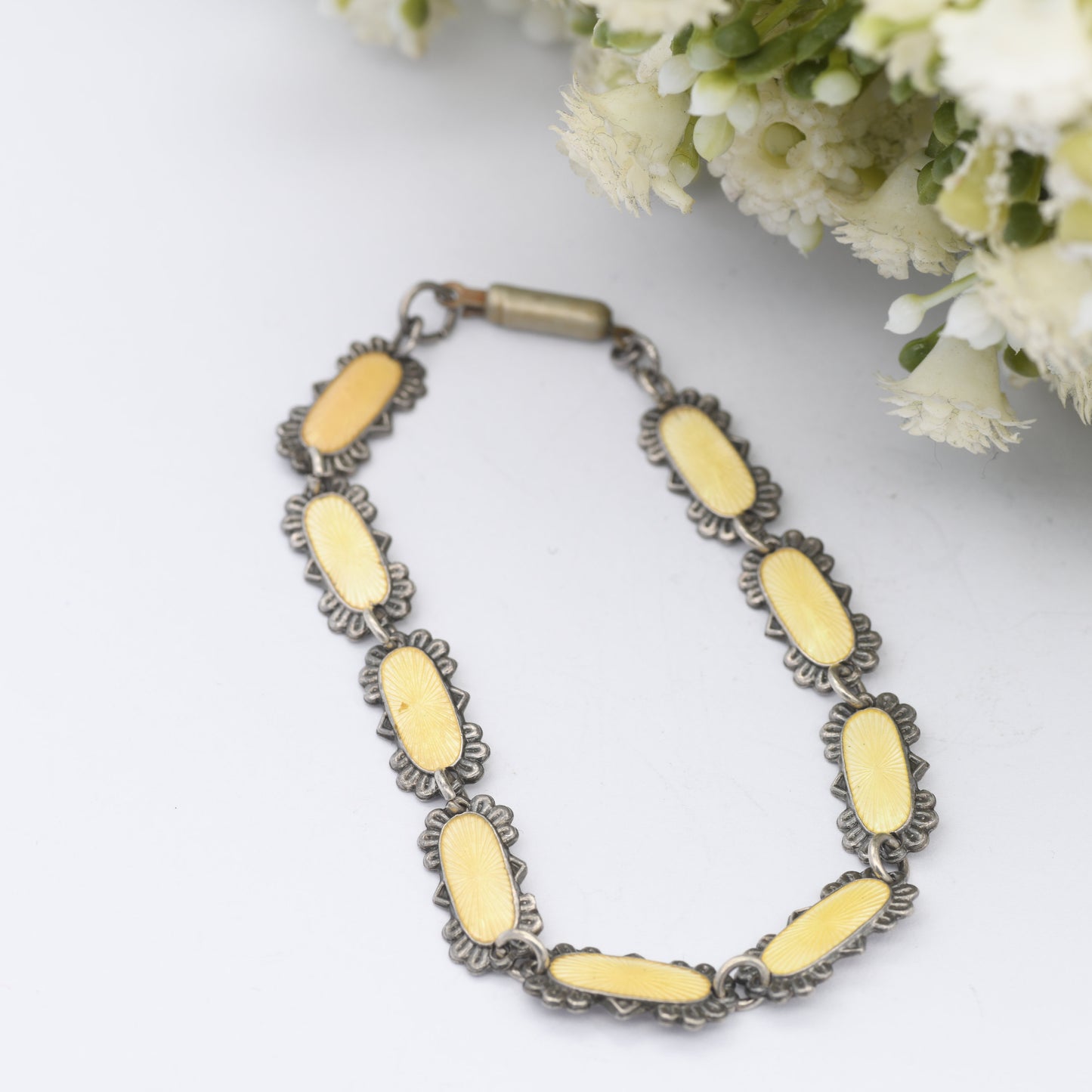 Vintage 830s Scandinavian Guilloche Enamel Bracelet - 1930s 1940s | Yellow Enamel | 830 Silver