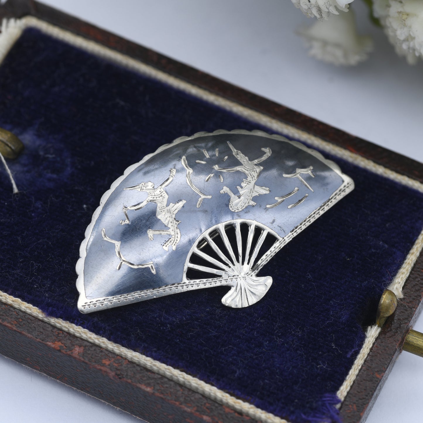 Vintage Sterling Silver Siam Fan Brooch - Mekala Goddess of Lightning | Black Niello | Goddess Vintage Thailand Silver