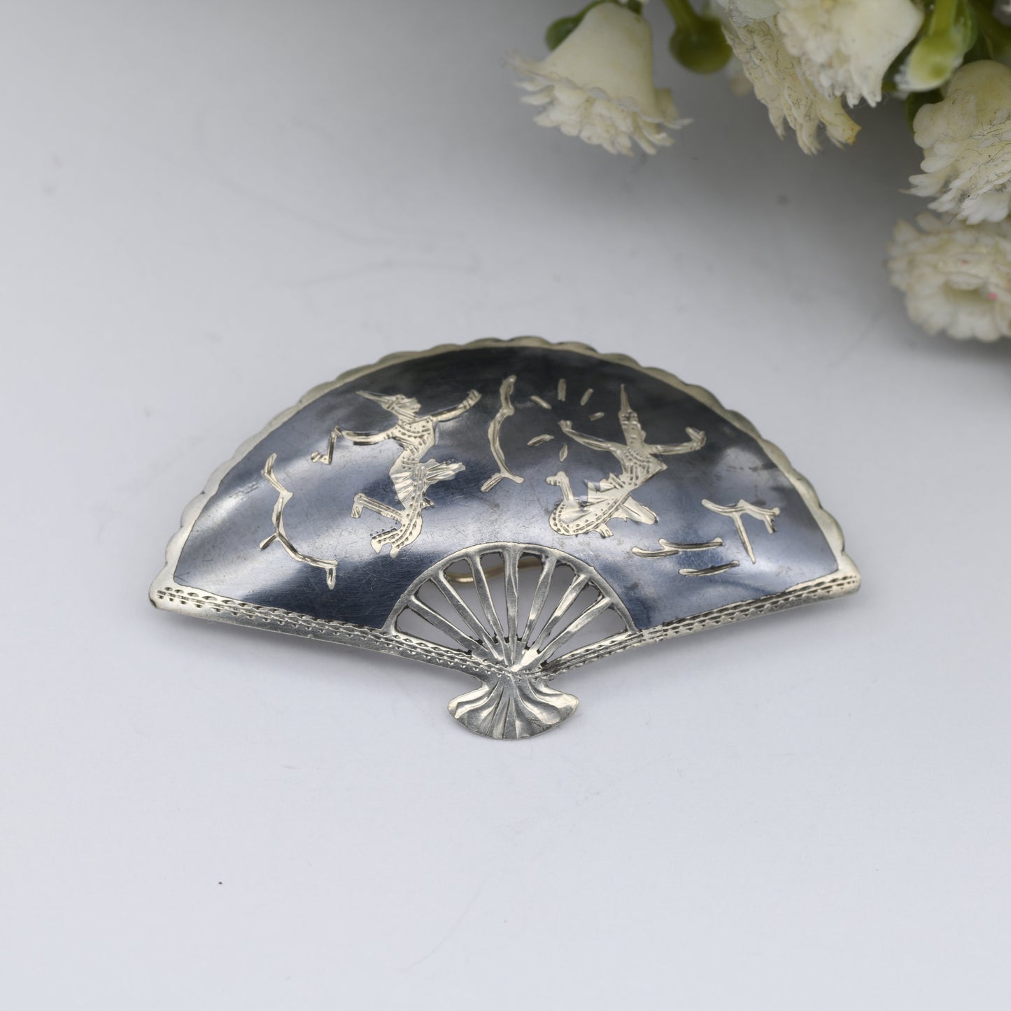 Vintage Sterling Silver Siam Fan Brooch - Mekala Goddess of Lightning | Black Niello | Goddess Vintage Thailand Silver