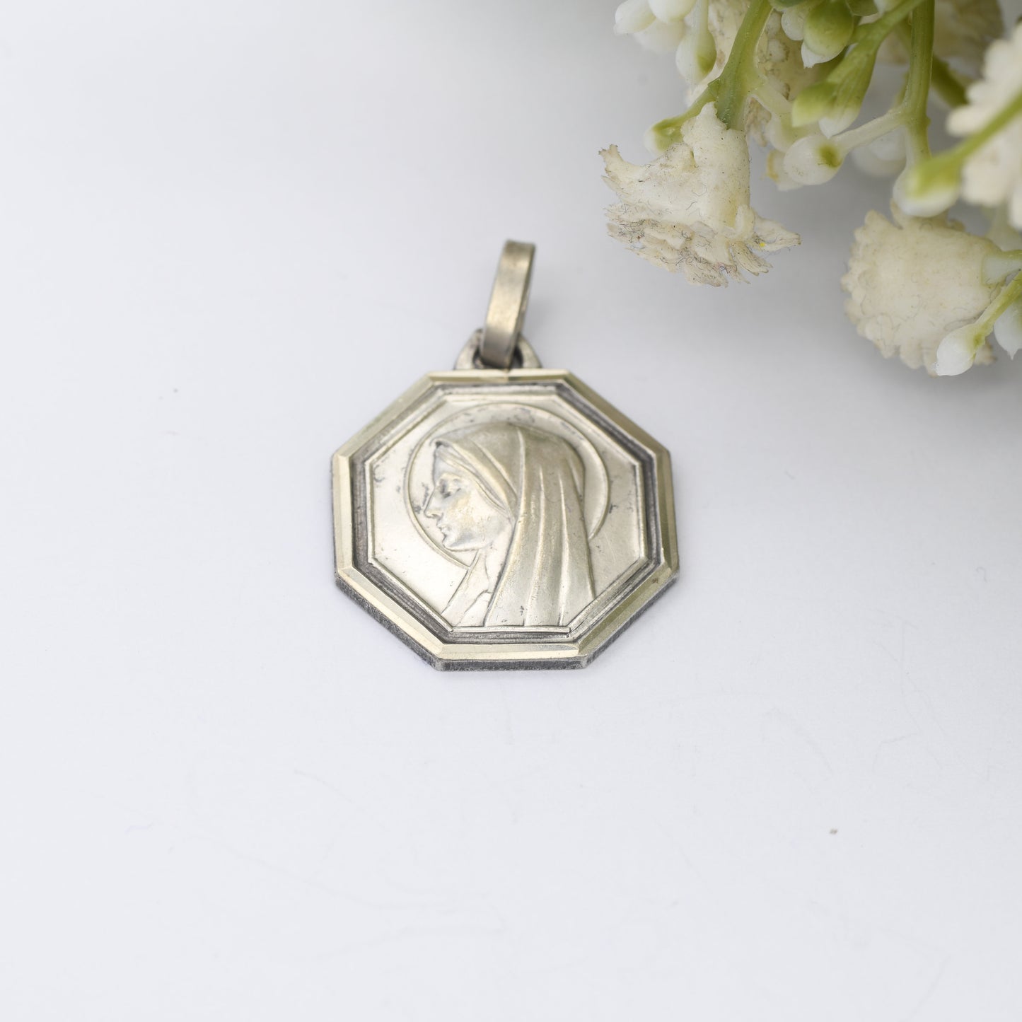 Vintage French Lourdes Virgin Mary Pendant - Religious Christian Token | Silver Tone