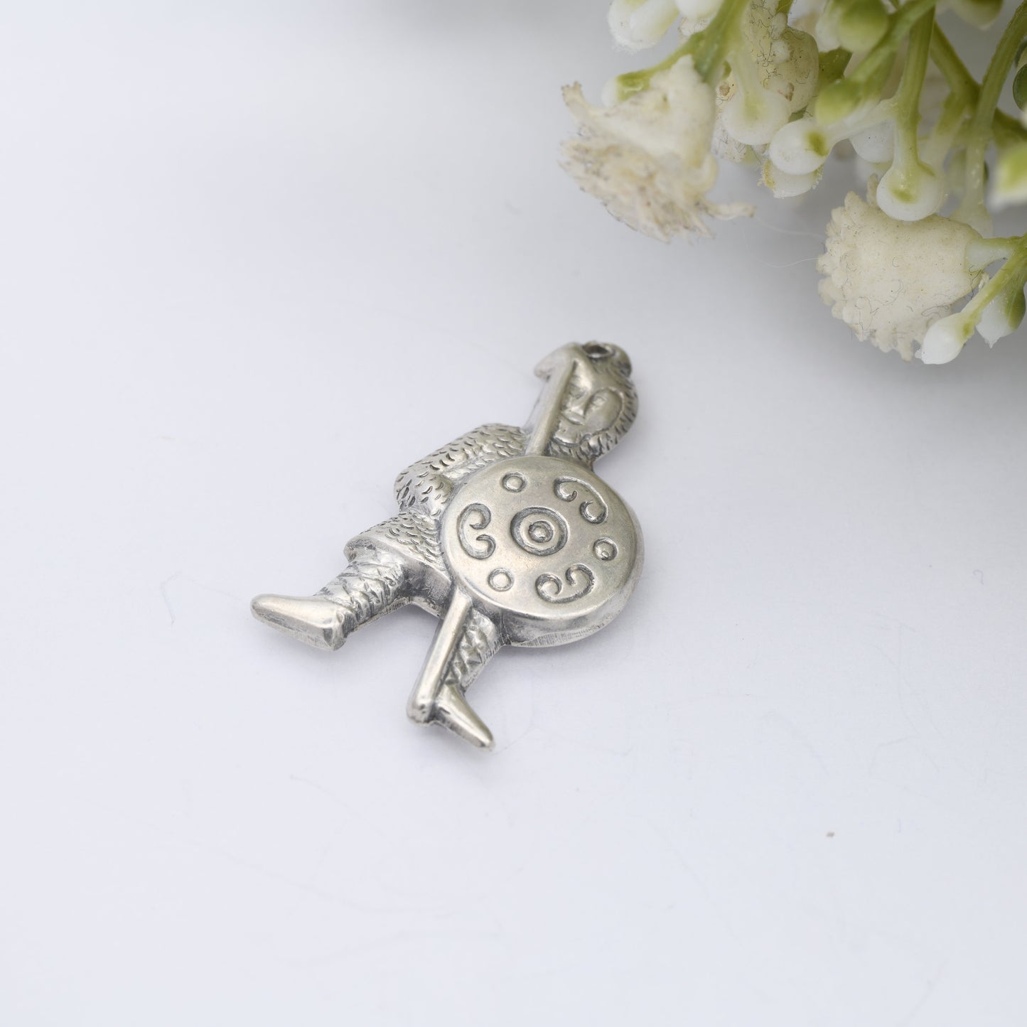 Vintage Silver Celtic Knight Charm Pendant - Viking Warrior | Puffed Silver | Fighting Man with Spear and Shield