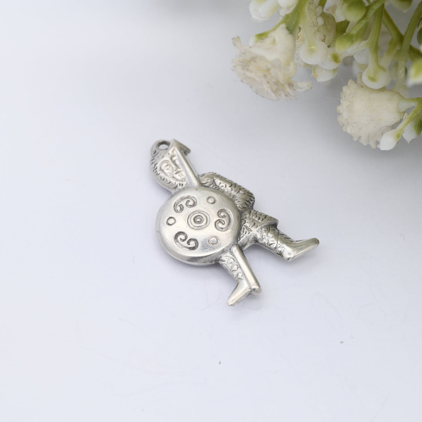 Vintage Silver Celtic Knight Charm Pendant - Viking Warrior | Puffed Silver | Fighting Man with Spear and Shield
