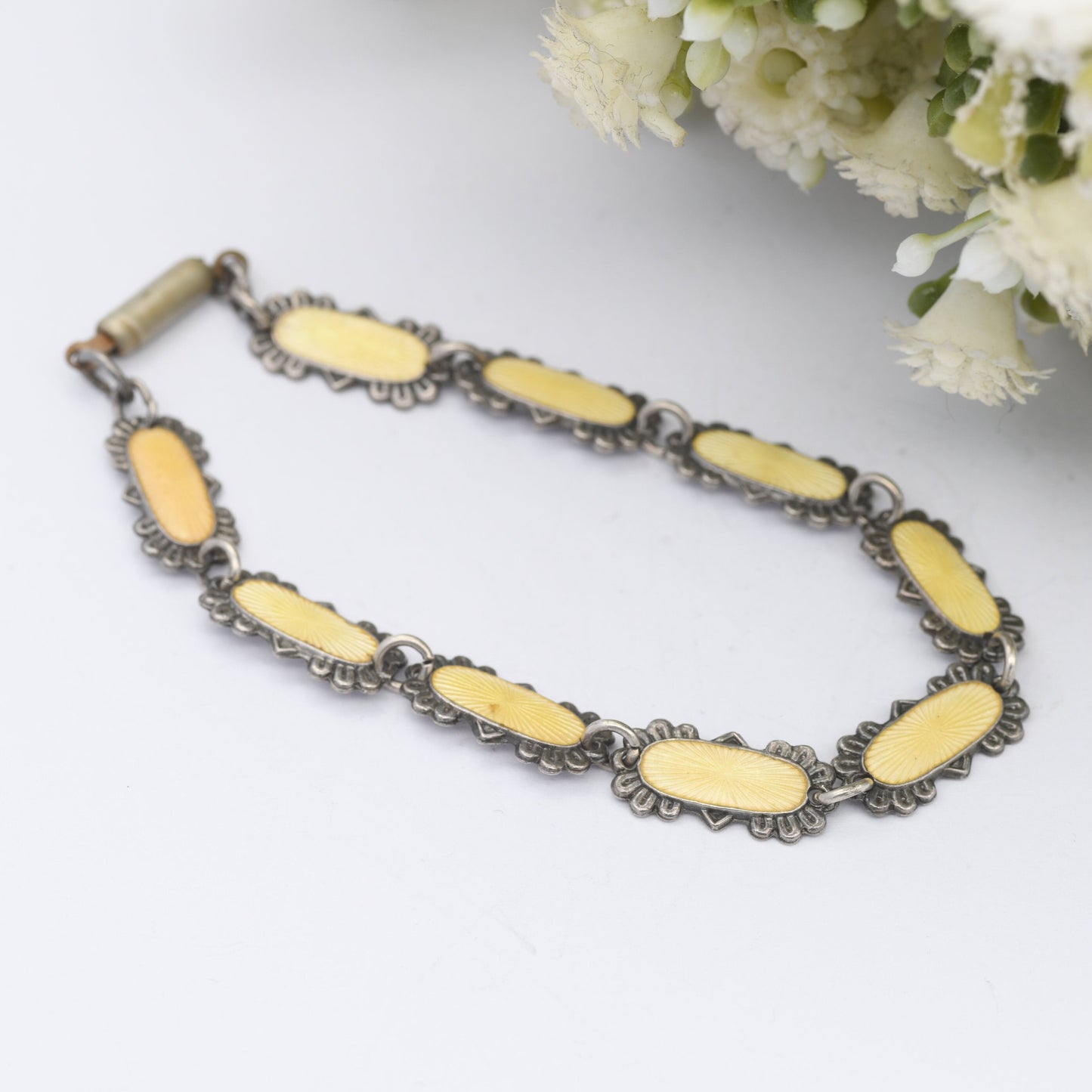 Vintage 830s Scandinavian Guilloche Enamel Bracelet - 1930s 1940s | Yellow Enamel | 830 Silver