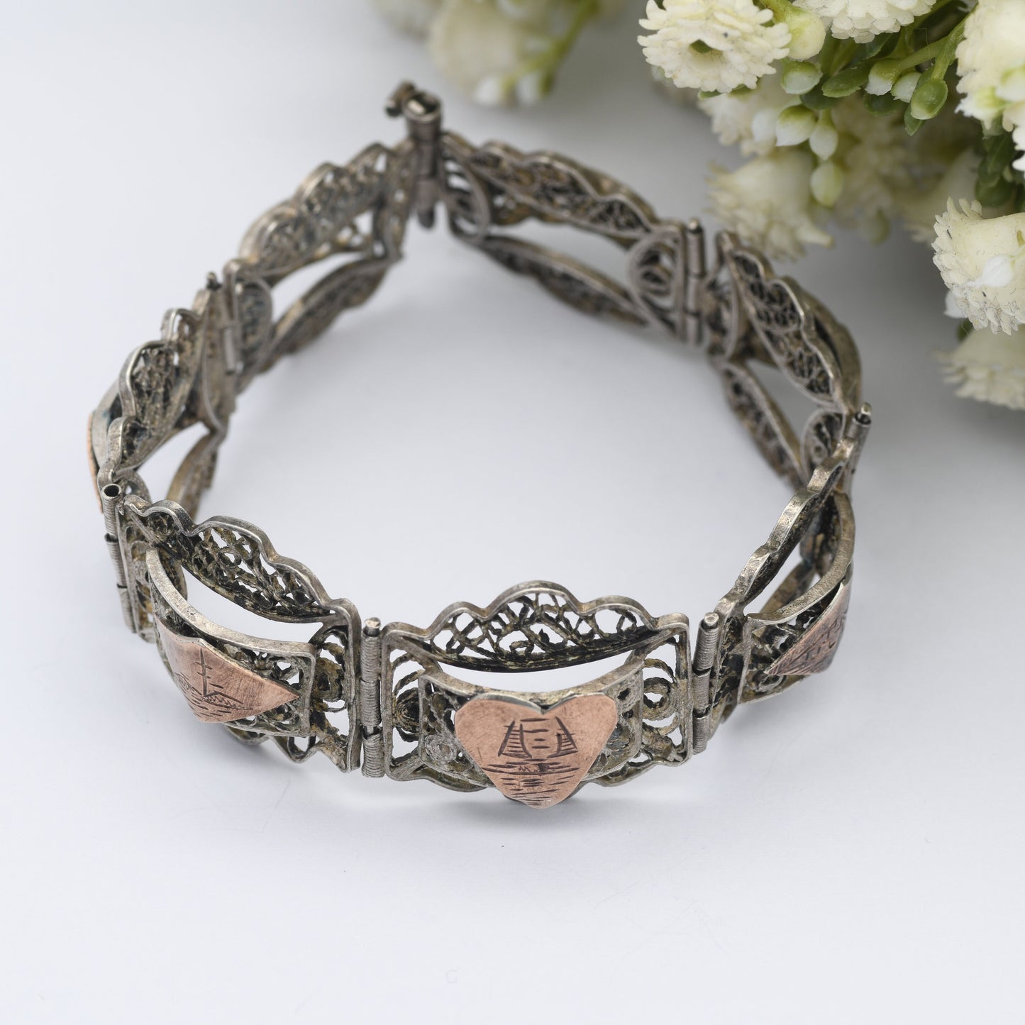 Vintage Egyptian Filigree Panel Bracelet - Pyramids Egypt Souvenir | Ancient History Gift | Rose Gold Plating | Silver Tone