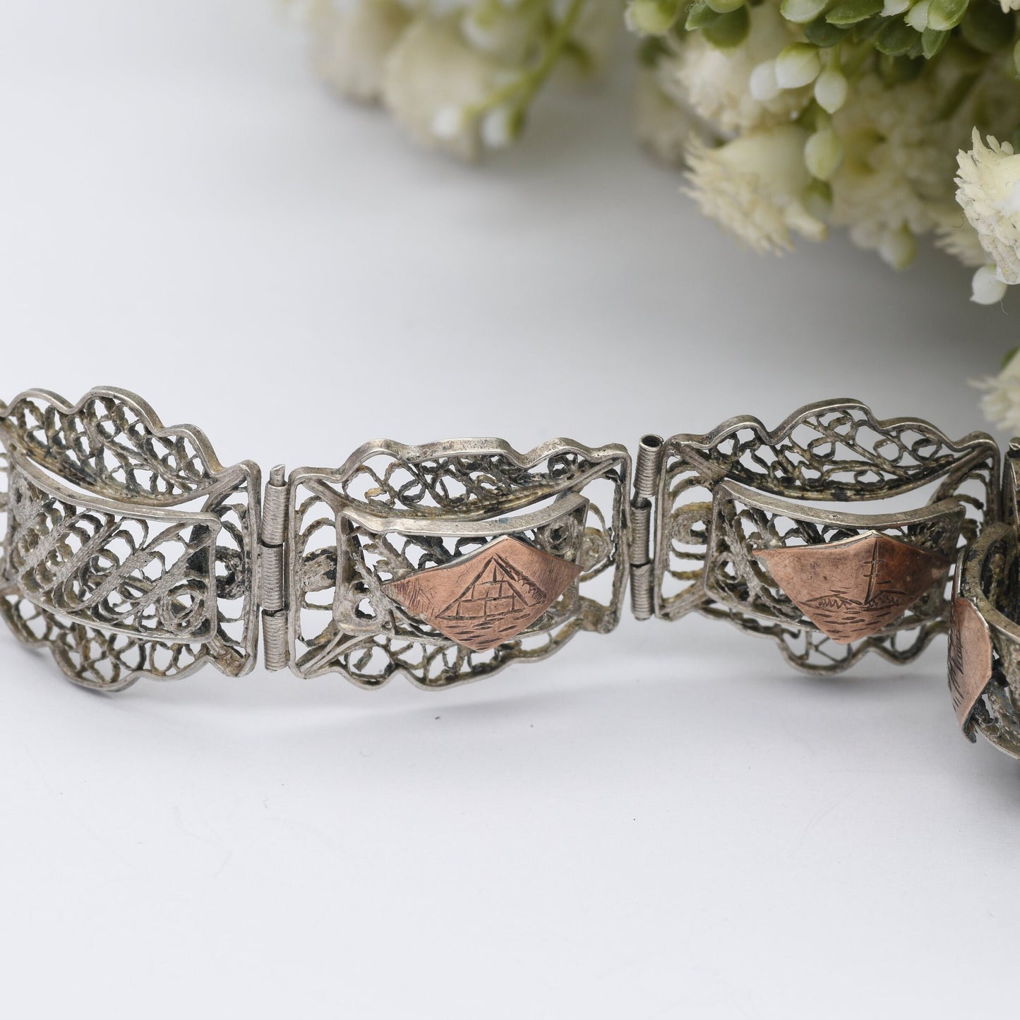 Vintage Egyptian Filigree Panel Bracelet - Pyramids Egypt Souvenir | Ancient History Gift | Rose Gold Plating | Silver Tone