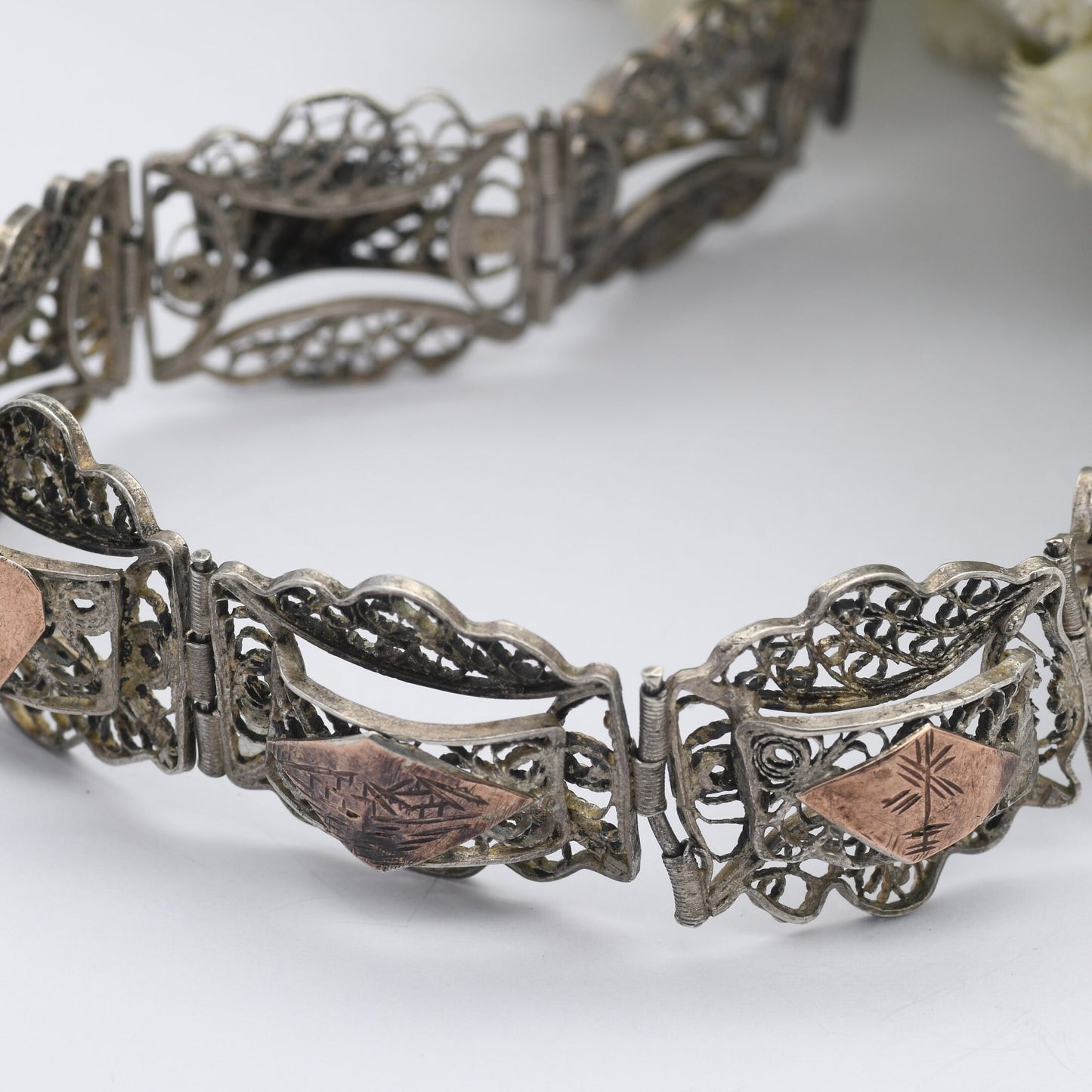 Vintage Egyptian Filigree Panel Bracelet - Pyramids Egypt Souvenir | Ancient History Gift | Rose Gold Plating | Silver Tone