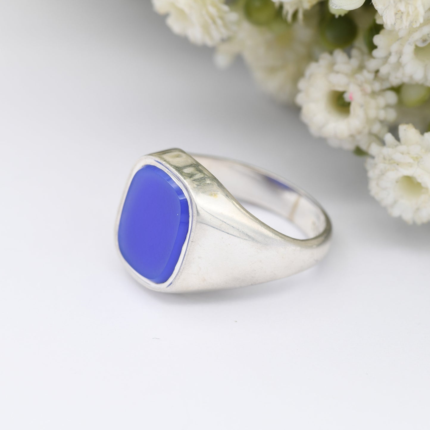 Vintage Sterling Silver Chalcedony Signet Ring - Mid-Century Blue Gemstone | Chunky Unisex | UK Size - P | US Size - 7 1/2