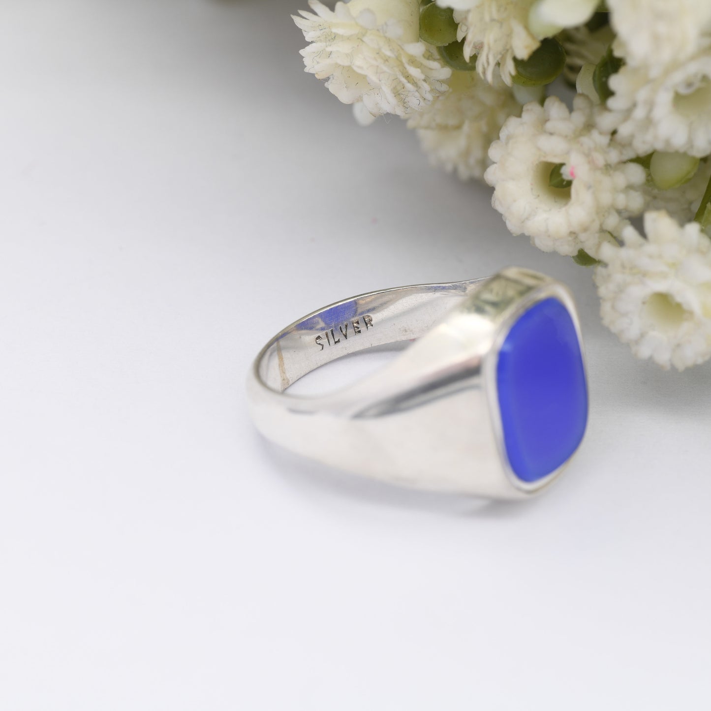 Vintage Sterling Silver Chalcedony Signet Ring - Mid-Century Blue Gemstone | Chunky Unisex | UK Size - P | US Size - 7 1/2
