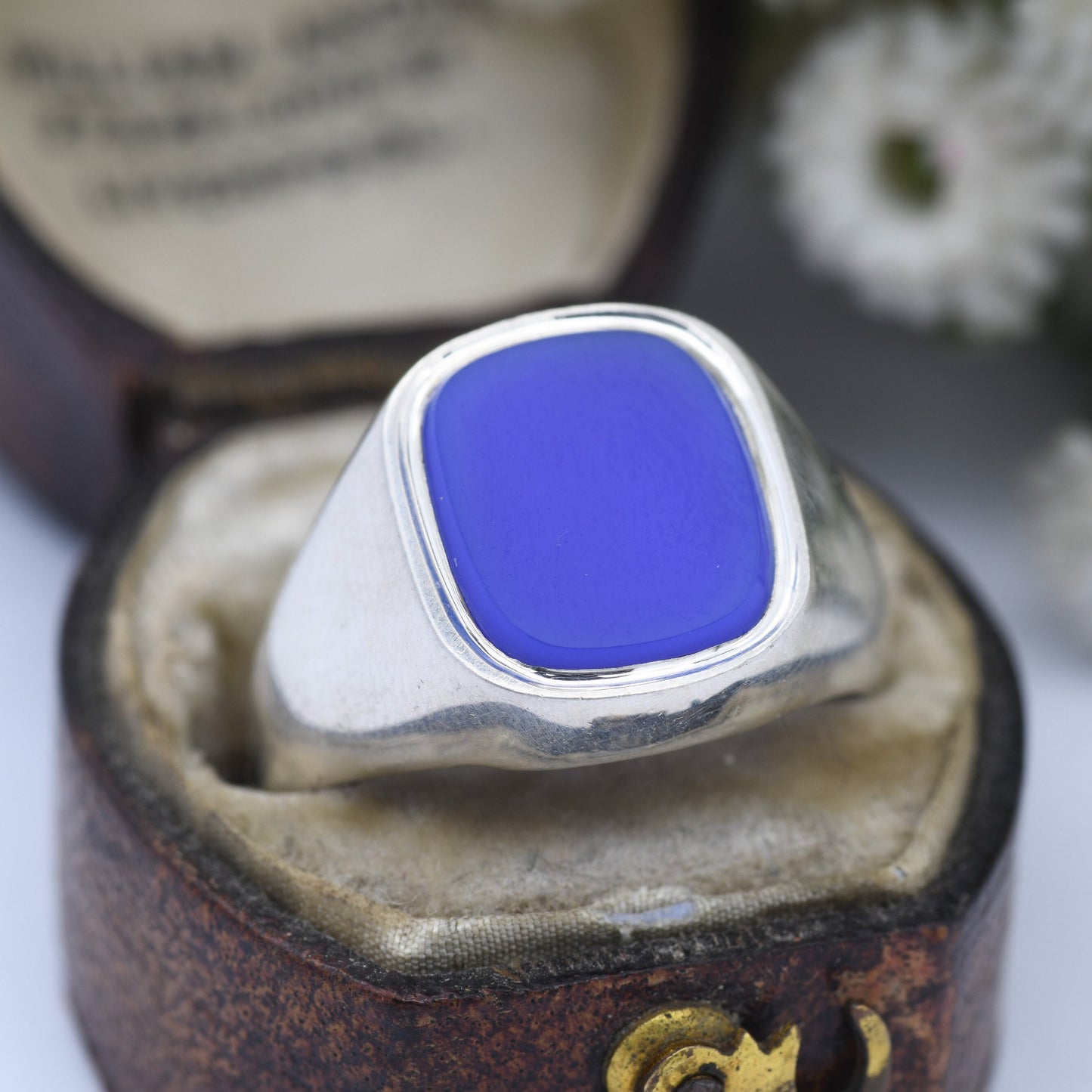 Vintage Sterling Silver Chalcedony Signet Ring - Mid-Century Blue Gemstone | Chunky Unisex | UK Size - P | US Size - 7 1/2