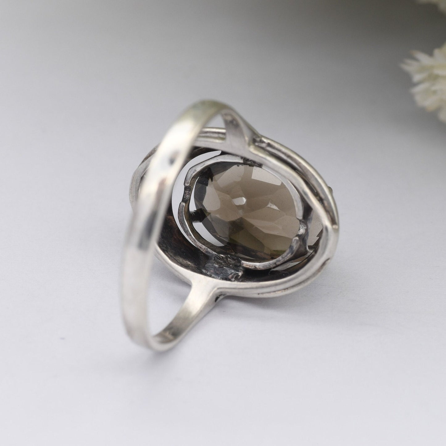 Vintage Sterling Silver Smoky Quartz Ring - Mid-Century Modernist Statement Ring | UK Size - O 1/2 | US Size - 7 1/4