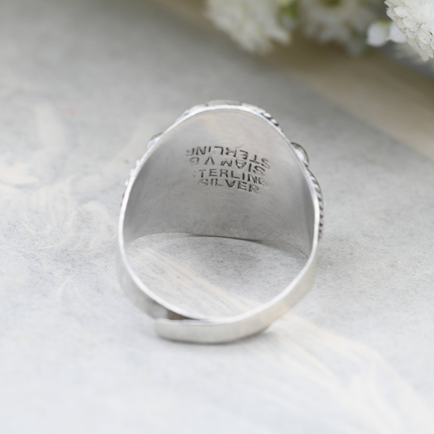 Vintage Silver Niello Siam Sterling Ring - Mekhala Thailand Goddess Jewellery | Adjustable Band | UK Size - R | US Size - 8 1/2