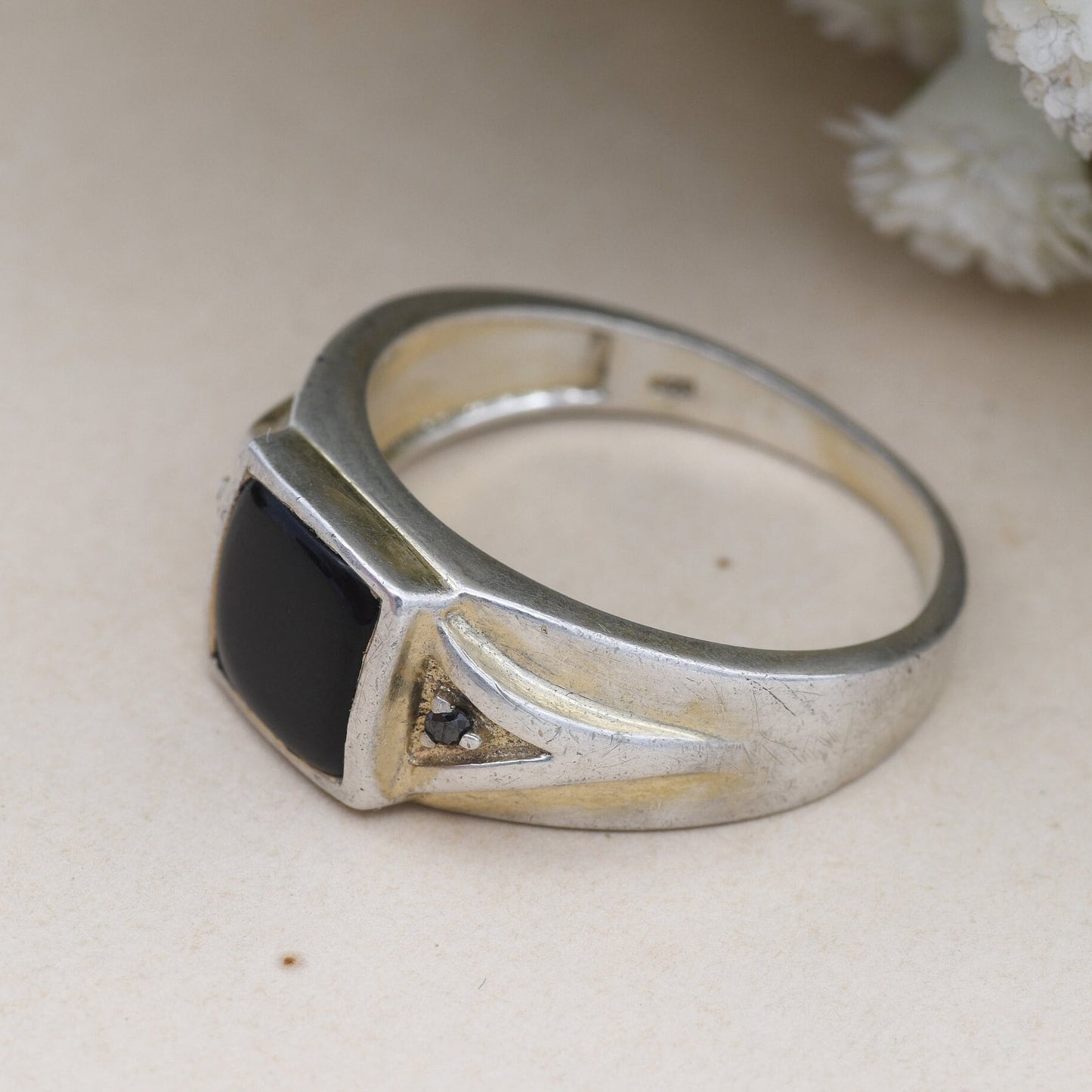 Vintage Sterling Silver Onyx & Black Diamond Signet Ring - Chunky Large Unisex Jewellery | UK Size - T | US Size - 9 1/2