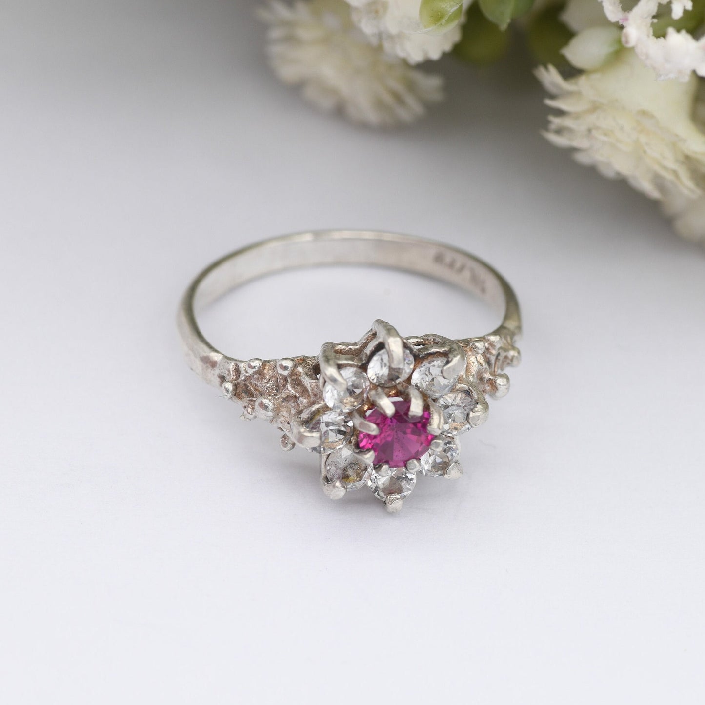 Vintage Sterling Silver Ruby Cluster Flower Ring - Statement Cocktail Ring with CZ | UK Size - M | US Size - 6 1/4