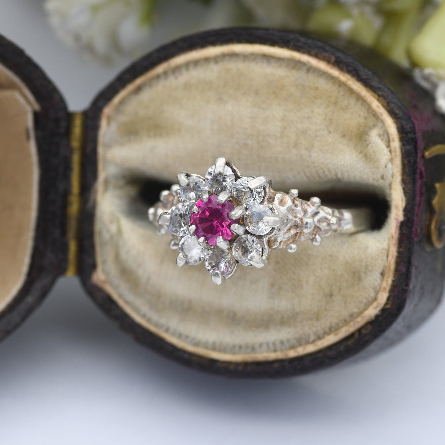 Vintage Sterling Silver Ruby Cluster Flower Ring - Statement Cocktail Ring with CZ | UK Size - M | US Size - 6 1/4