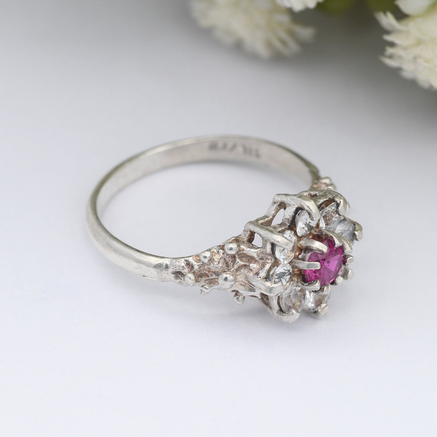 Vintage Sterling Silver Ruby Cluster Flower Ring - Statement Cocktail Ring with CZ | UK Size - M | US Size - 6 1/4