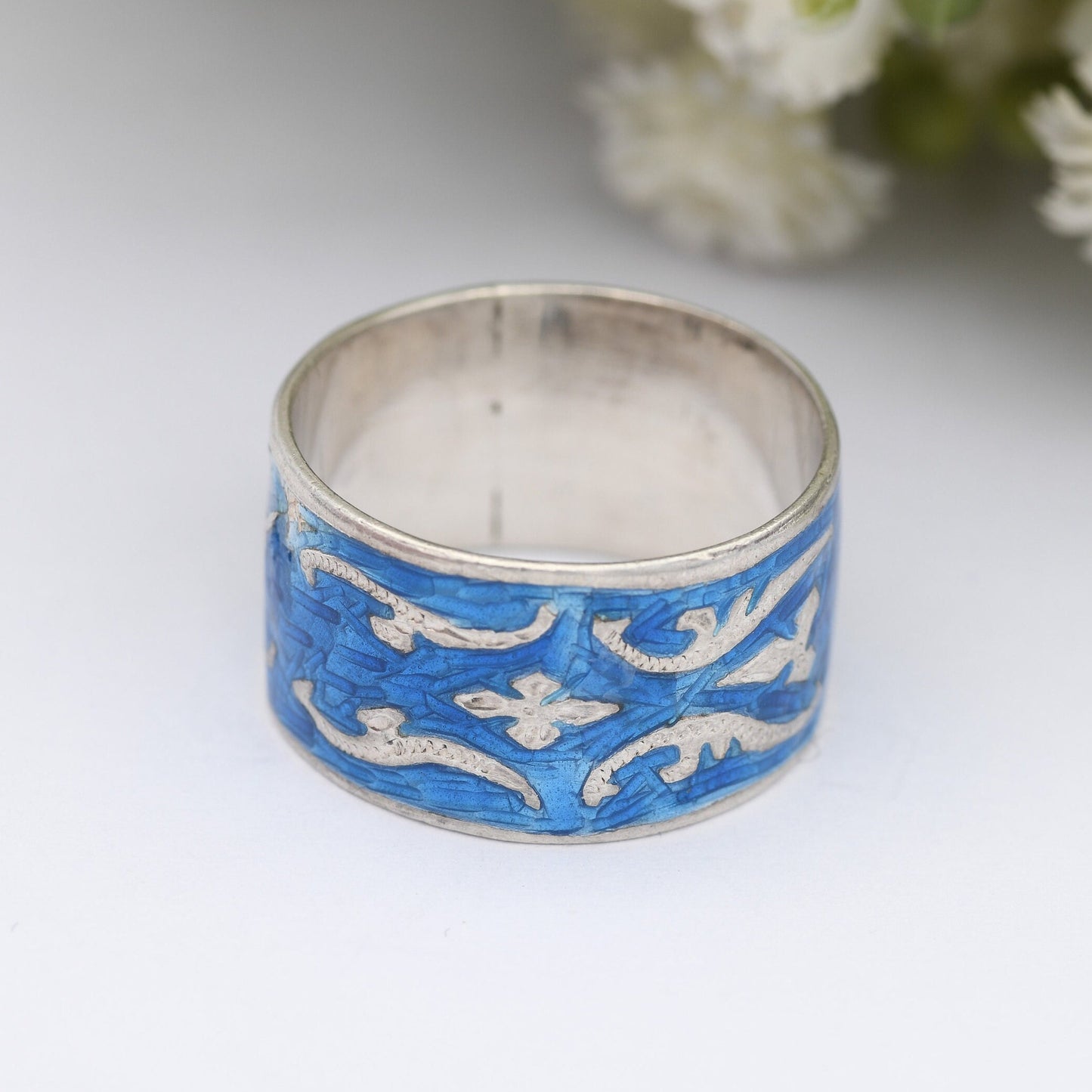 Vintage Thailand Sterling Silver Ring - Blue Niello Band Mekhala Goddess of Lightening | Engraved | UK Size - M 1/2 | US Size - 6 1/4