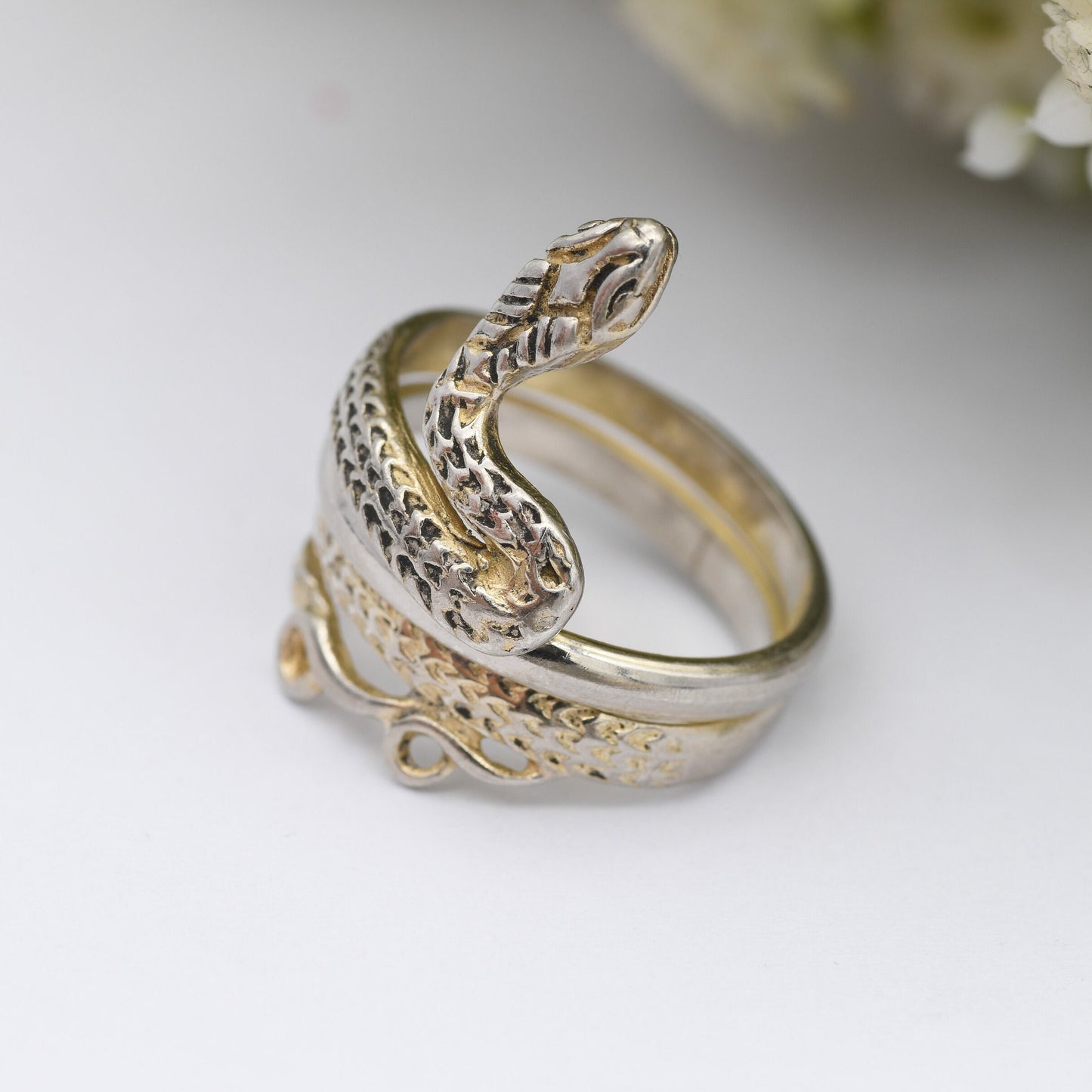 Vintage Sterling Silver Wrap Around Snake Ring - Detailed Animal Jewellery | Nature Lover Gift | UK Size - N 1/2 | US Size - 7