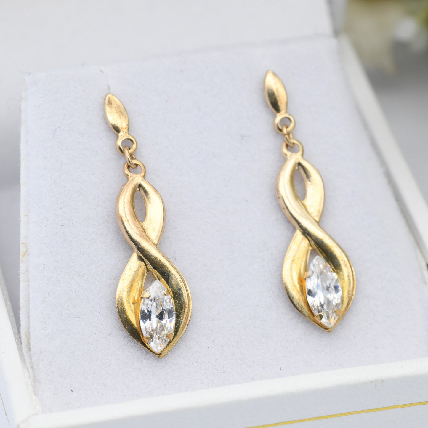Vintage 9ct Gold Twisted Drop Earrings with Marquis Cut CZ Clear Stone