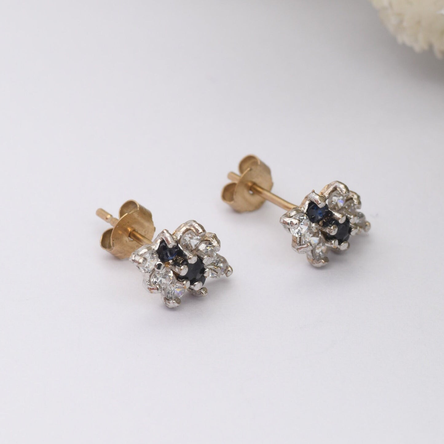 Vintage 9ct Gold Sapphire and CZ Stud Earrings - Diamond Shape | Butterfly Backs
