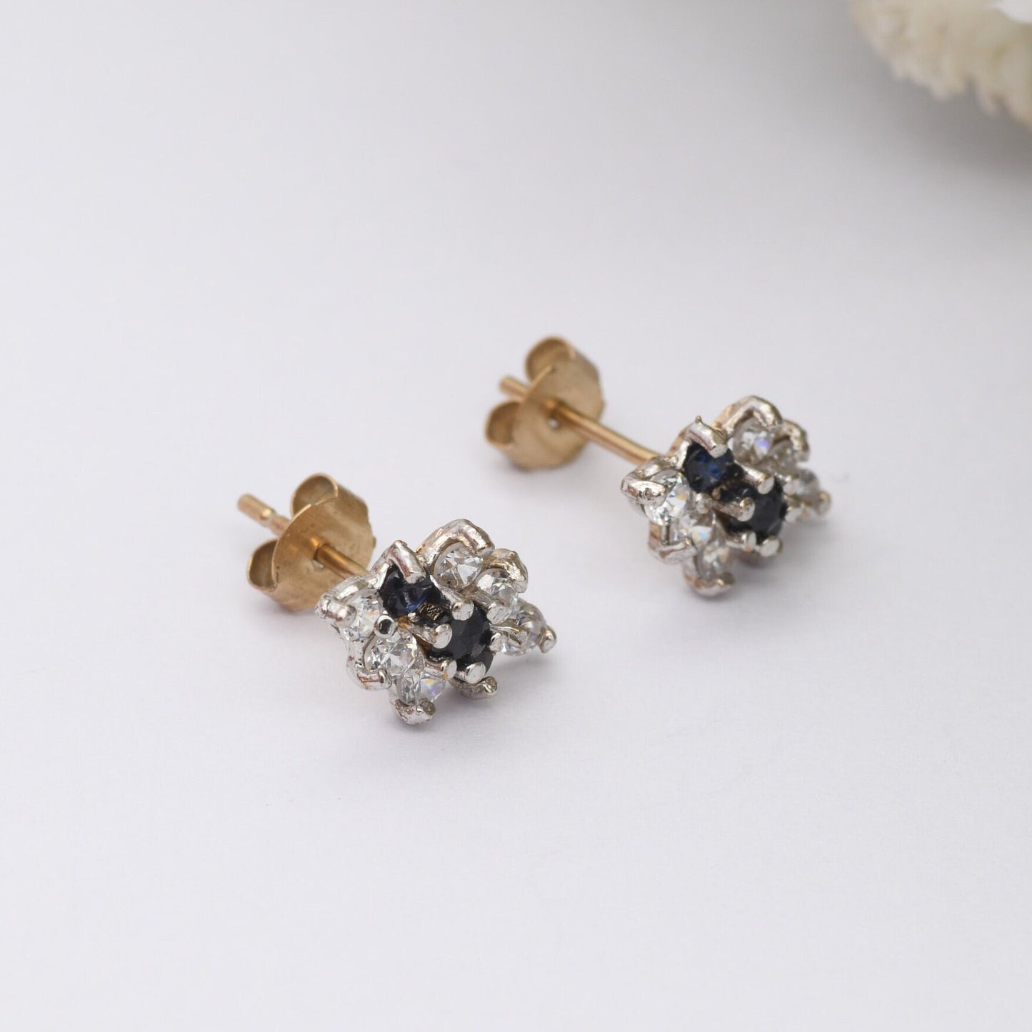 Vintage 9ct Gold Sapphire and CZ Stud Earrings - Diamond Shape | Butterfly Backs