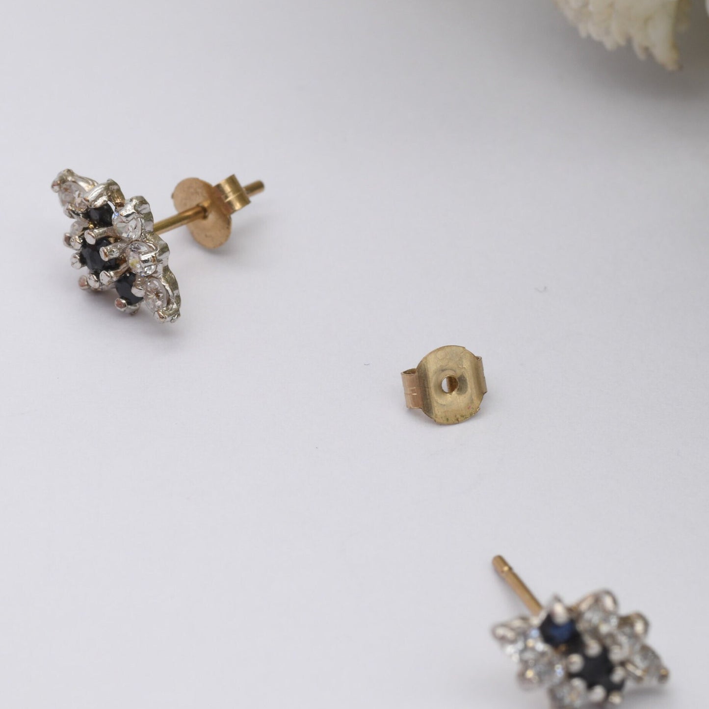 Vintage 9ct Gold Sapphire and CZ Stud Earrings - Diamond Shape | Butterfly Backs