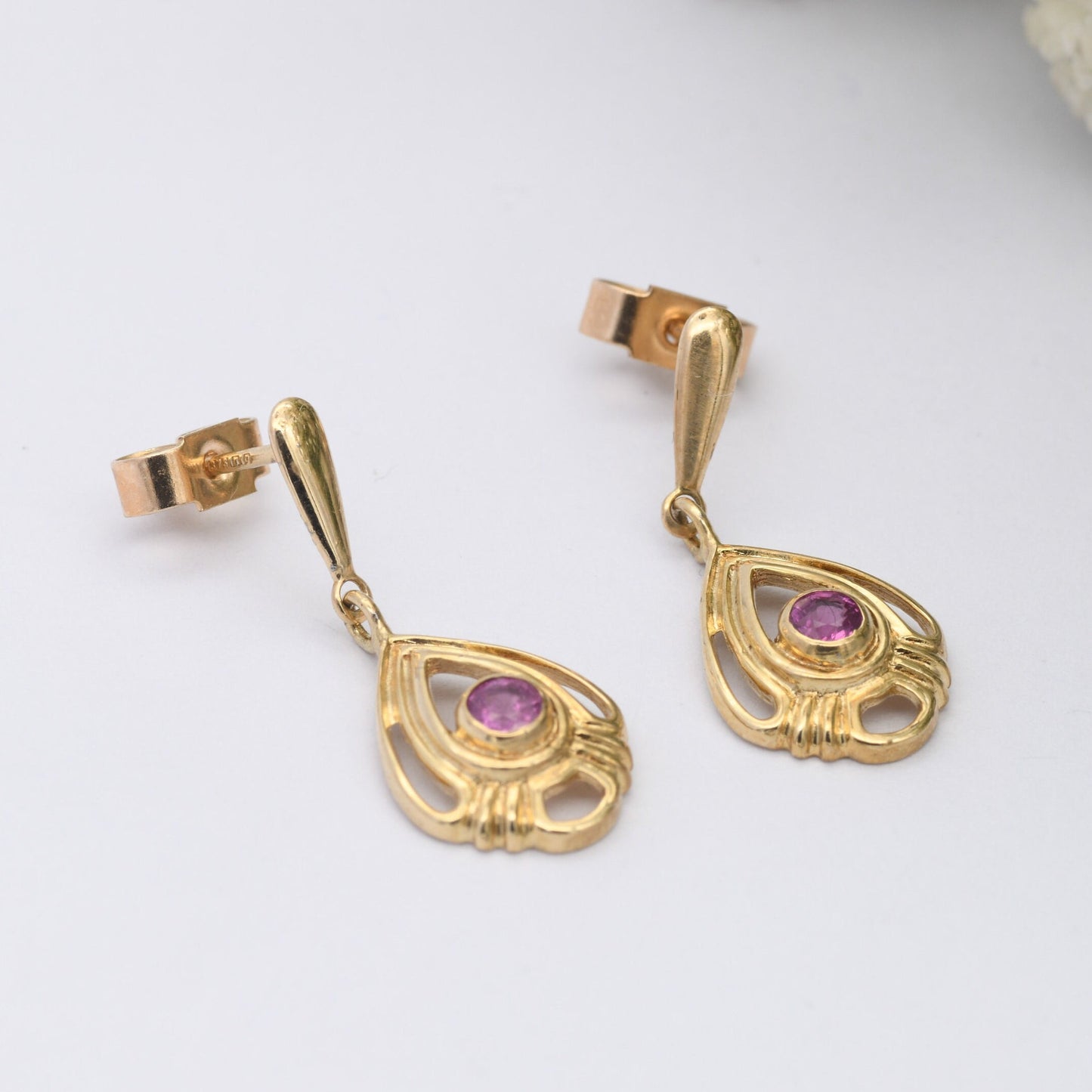 Vintage 9ct Gold Ruby Drop Earrings 1988 with Ornate Openwork Design