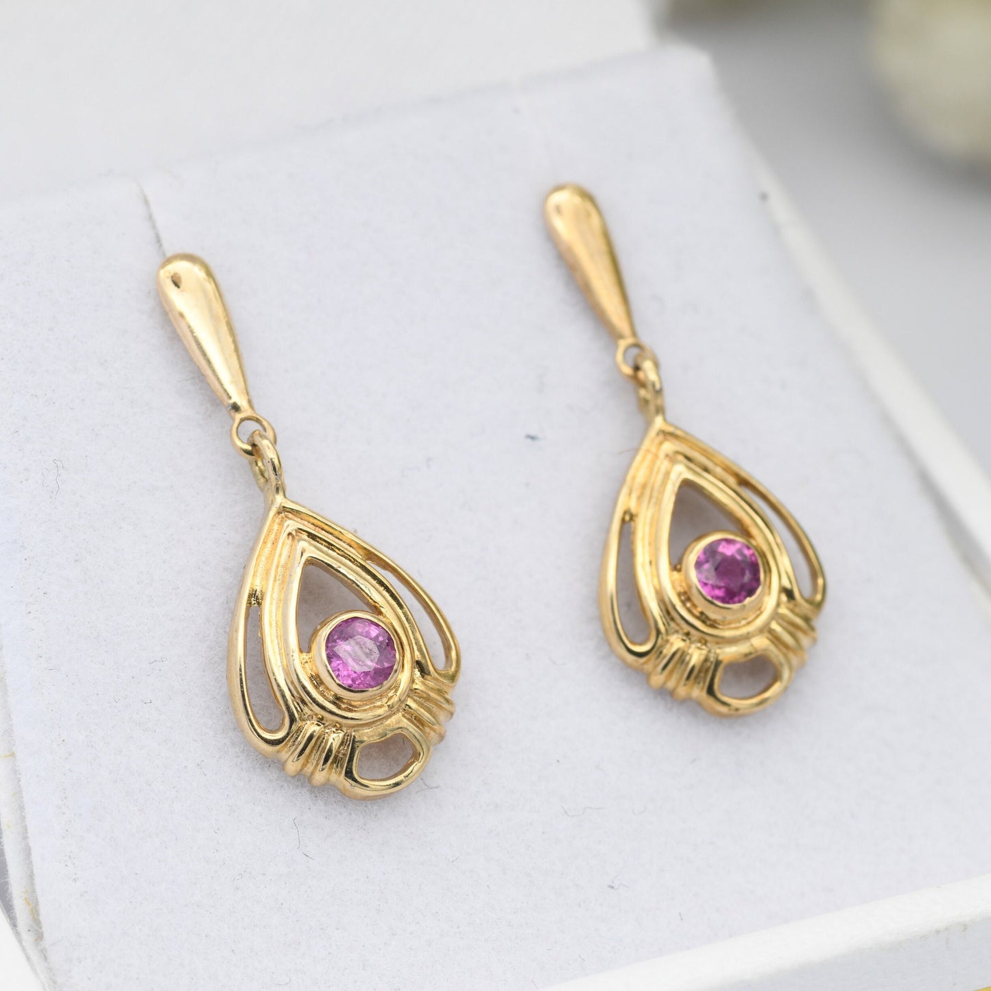 Vintage 9ct Gold Ruby Drop Earrings 1988 with Ornate Openwork Design