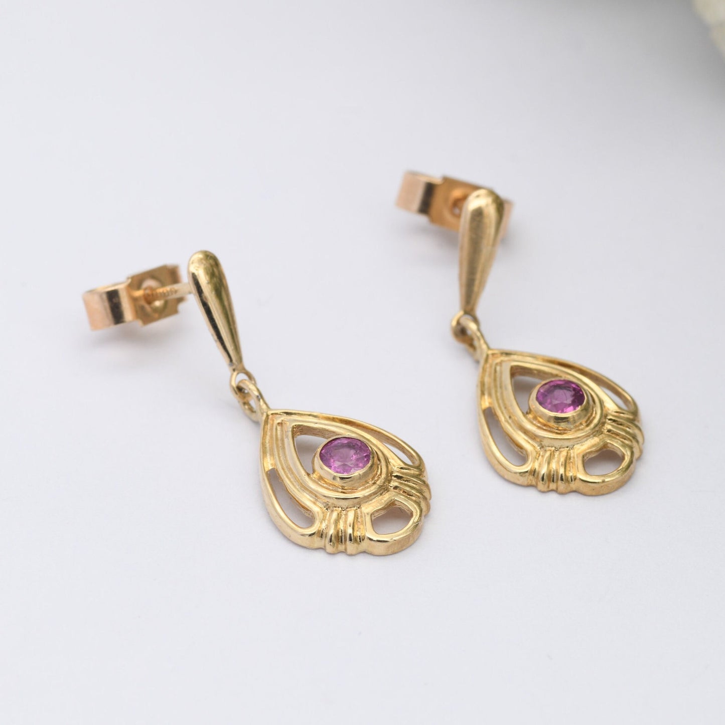 Vintage 9ct Gold Ruby Drop Earrings 1988 with Ornate Openwork Design
