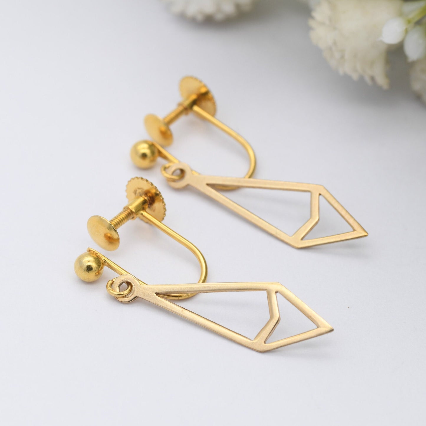 Vintage 9ct Gold Screwback Drop Earrings - Minimalist Geometric Diamond Shape