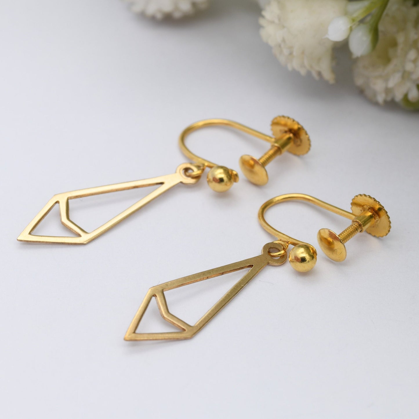 Vintage 9ct Gold Screwback Drop Earrings - Minimalist Geometric Diamond Shape