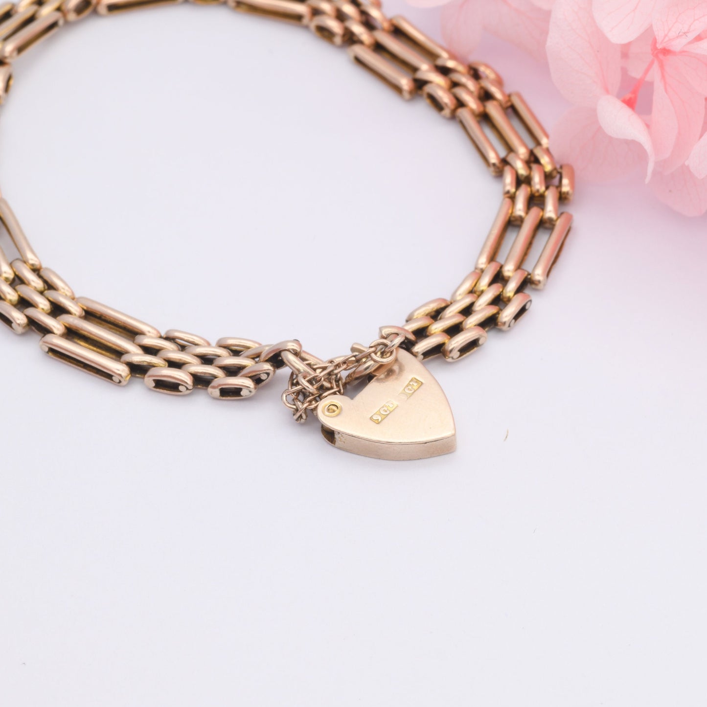 Vintage 9ct Gold Heart Padlock Clasp Gate Link Chain Bracelet with Safety Chain