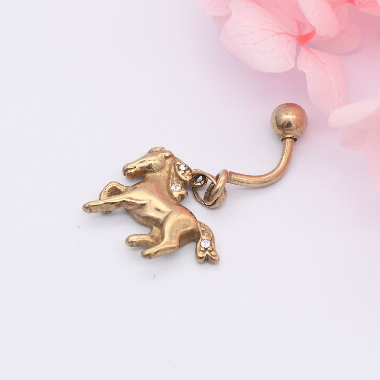 Vintage 9ct Gold Horse Belly Bar with Sparkly Diamante - Belly Button Piercing Jewellery | Hallmarked Solid Gold