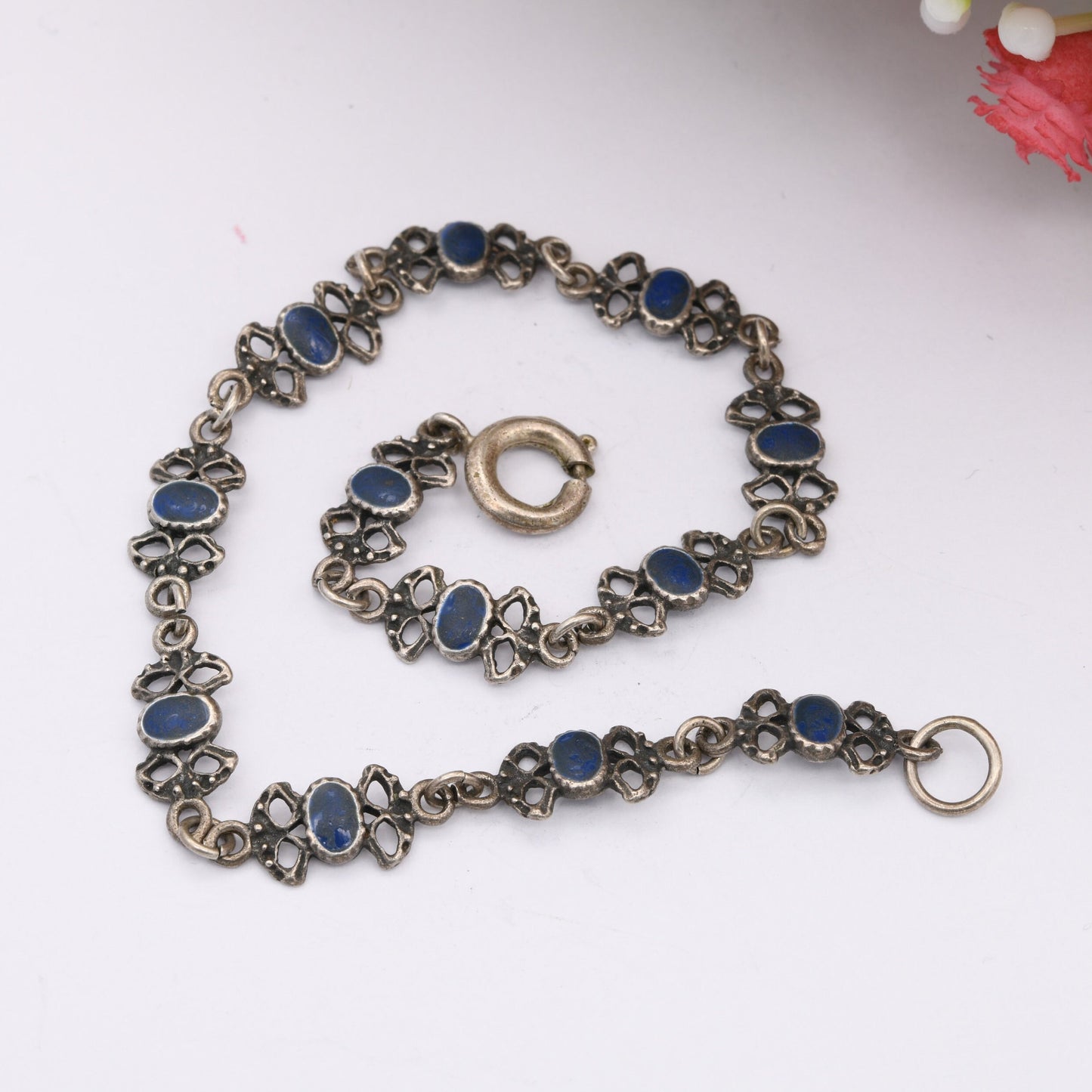 Vintage Silver Blue Enamel Panel Link Bracelet