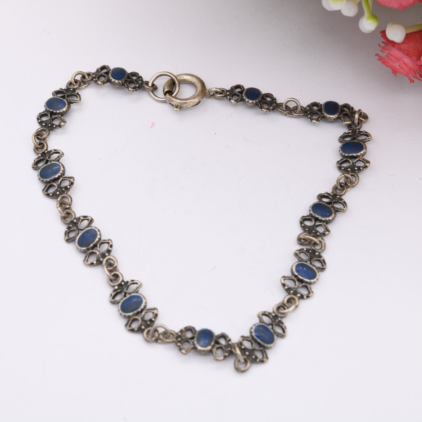 Vintage Silver Blue Enamel Panel Link Bracelet