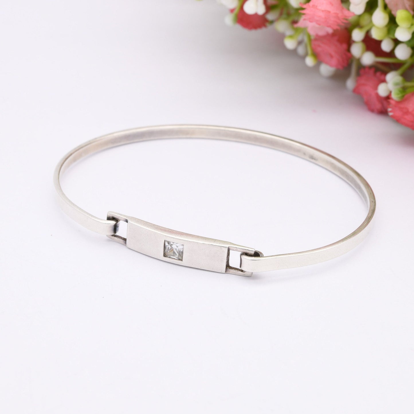 Sterling Silver Opening Bangle Bracelet - with Solitaire CZ