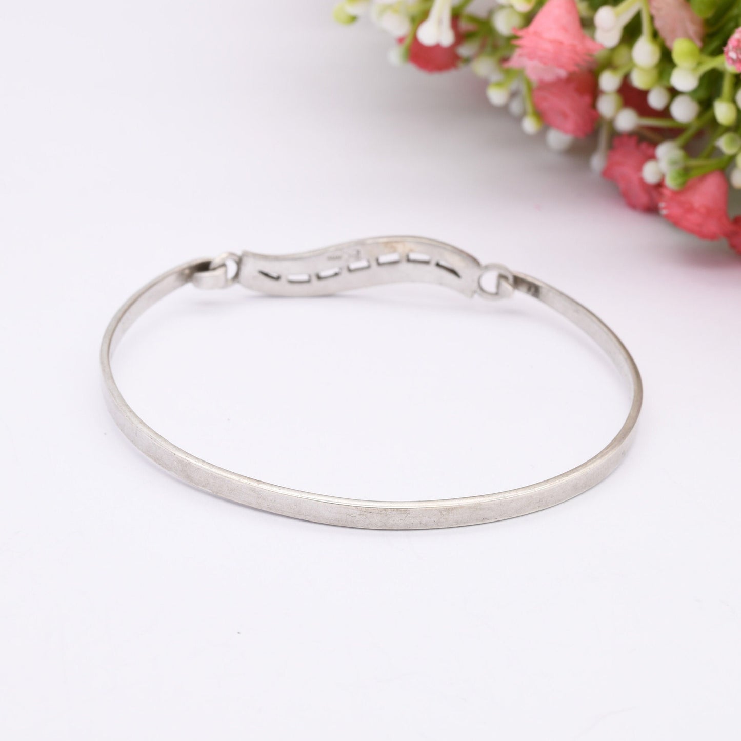 Sterling Silver Opening Bangle Bracelet with Wave Design and CZ Stones
