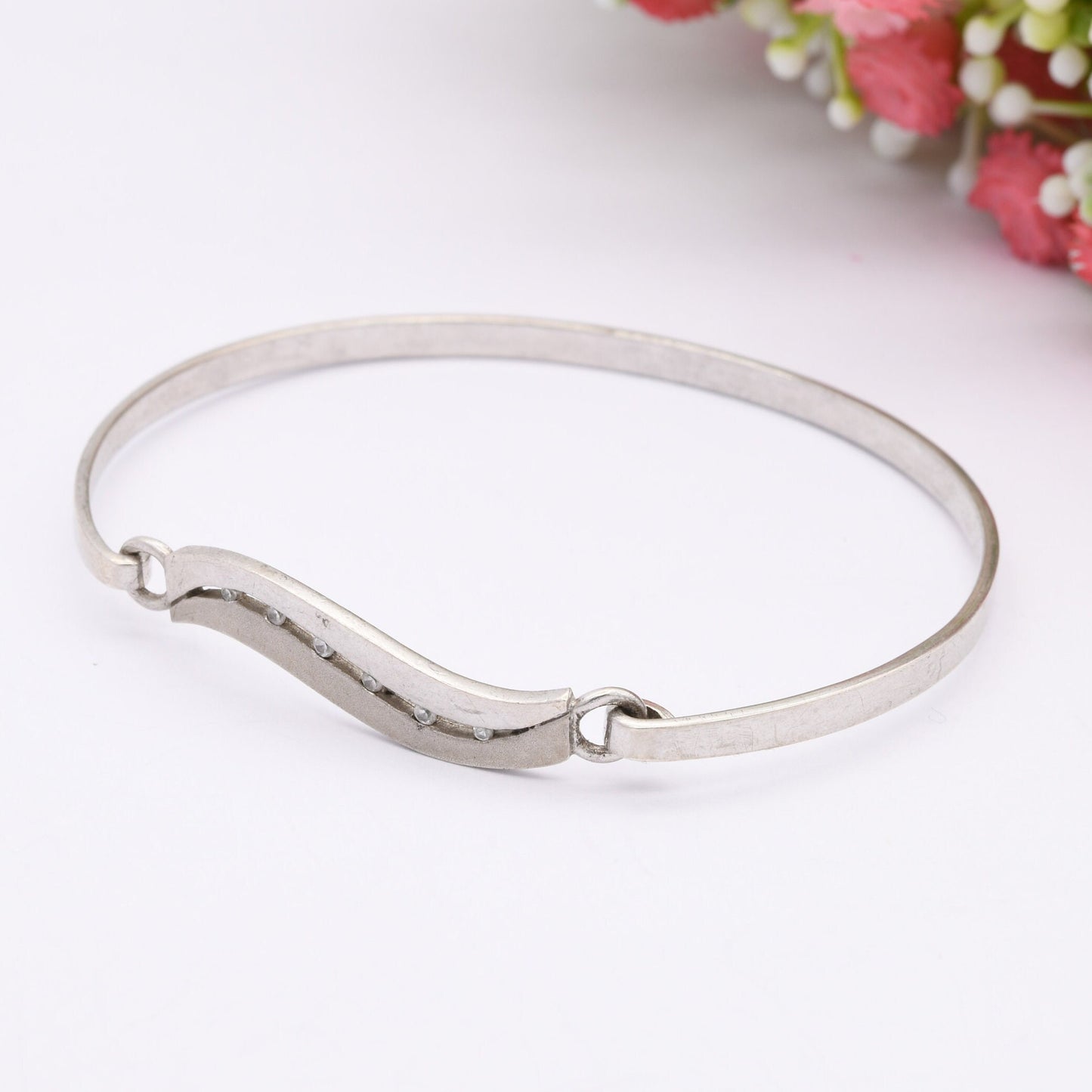 Sterling Silver Opening Bangle Bracelet with Wave Design and CZ Stones