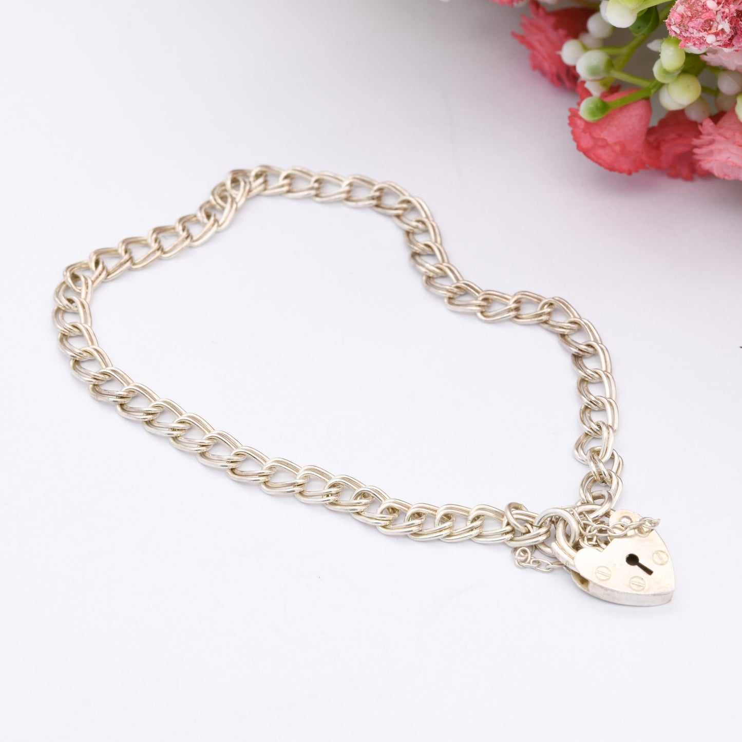 Vintage Sterling Silver Heart Padlock Clasp Chain Bracelet 1989 ASJ - Double Curb Links | with Safety Chain