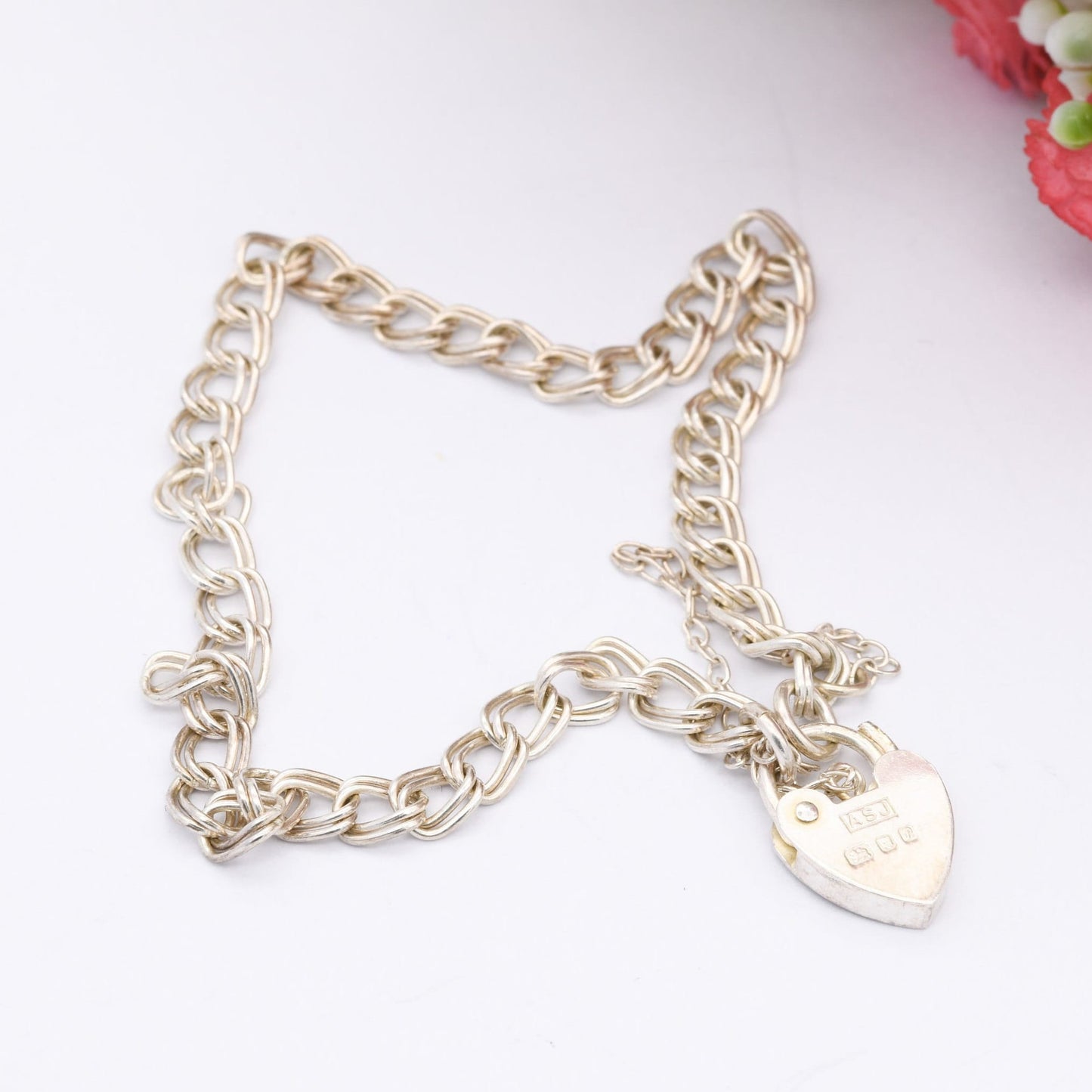 Vintage Sterling Silver Heart Padlock Clasp Chain Bracelet 1989 ASJ - Double Curb Links | with Safety Chain