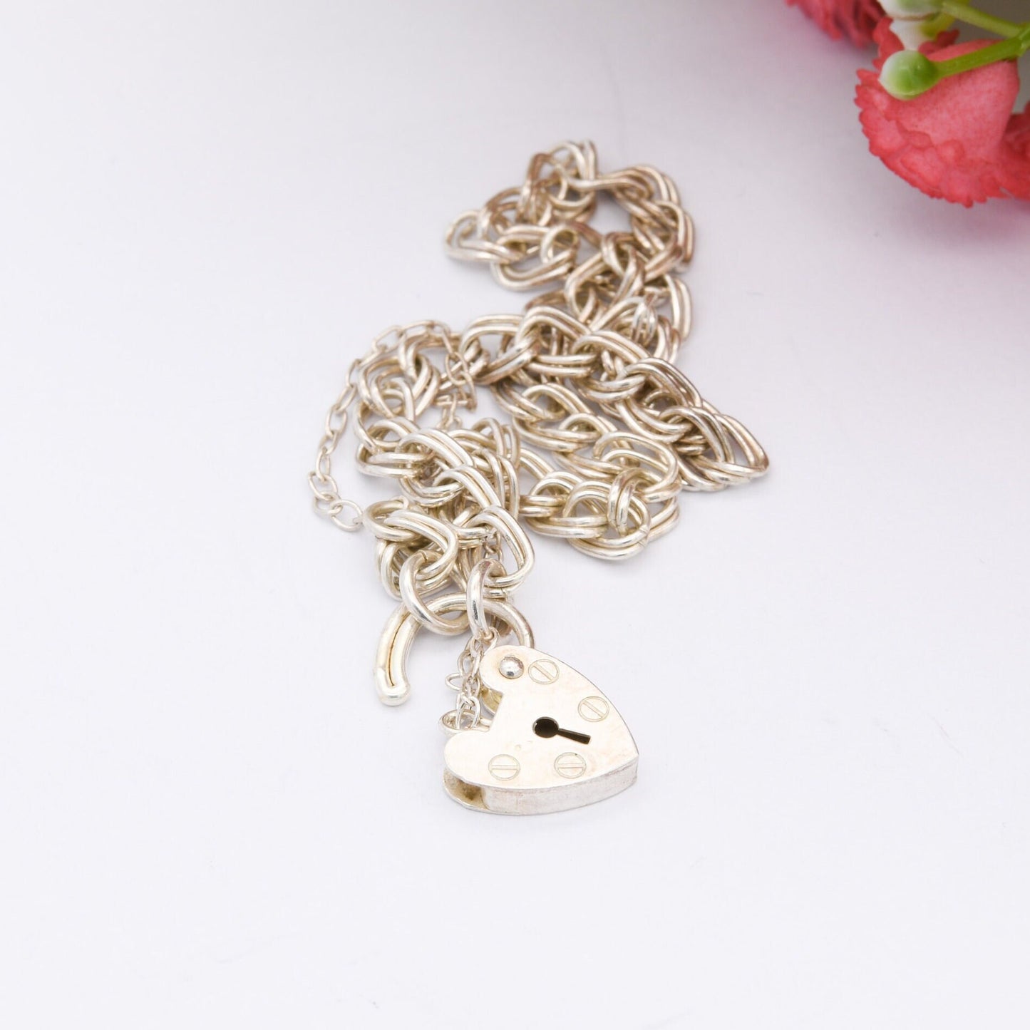 Vintage Sterling Silver Heart Padlock Clasp Chain Bracelet 1989 ASJ - Double Curb Links | with Safety Chain